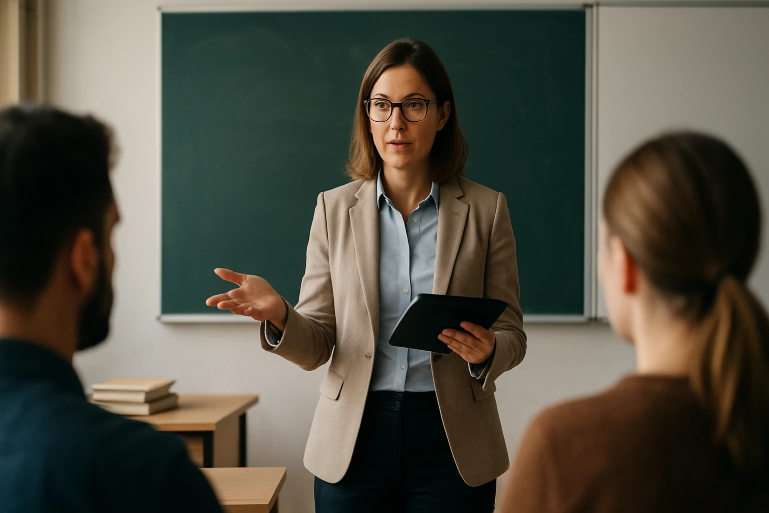 Ein Sicherheitsmitarbeiter steht aufmerksam in einem modernen Büro, während eine Frau am Laptop arbeitet.