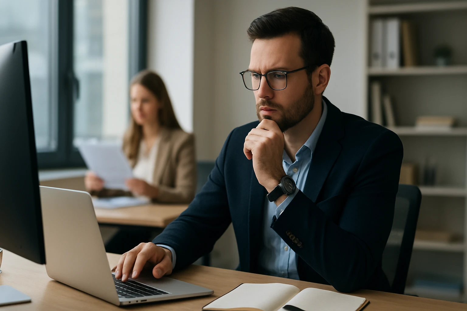 Ein Sicherheitsmitarbeiter steht aufmerksam in einem modernen Büro, während eine Frau am Laptop arbeitet.