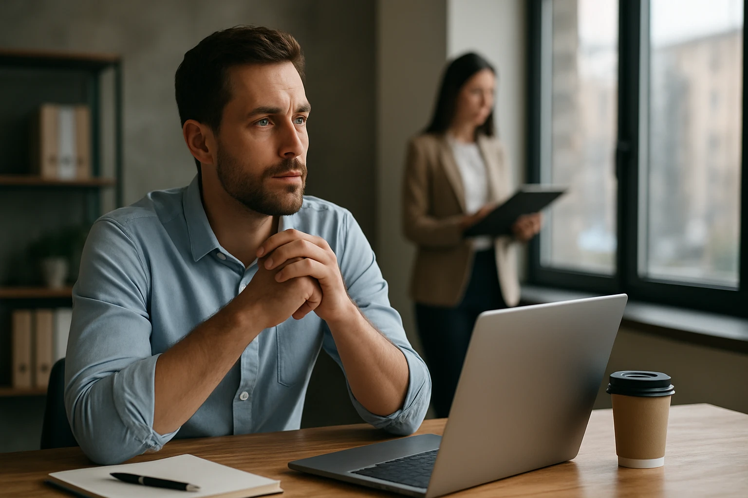 Ein Sicherheitsmitarbeiter steht aufmerksam in einem modernen Büro mit einer Frau am Laptop im Hintergrund.