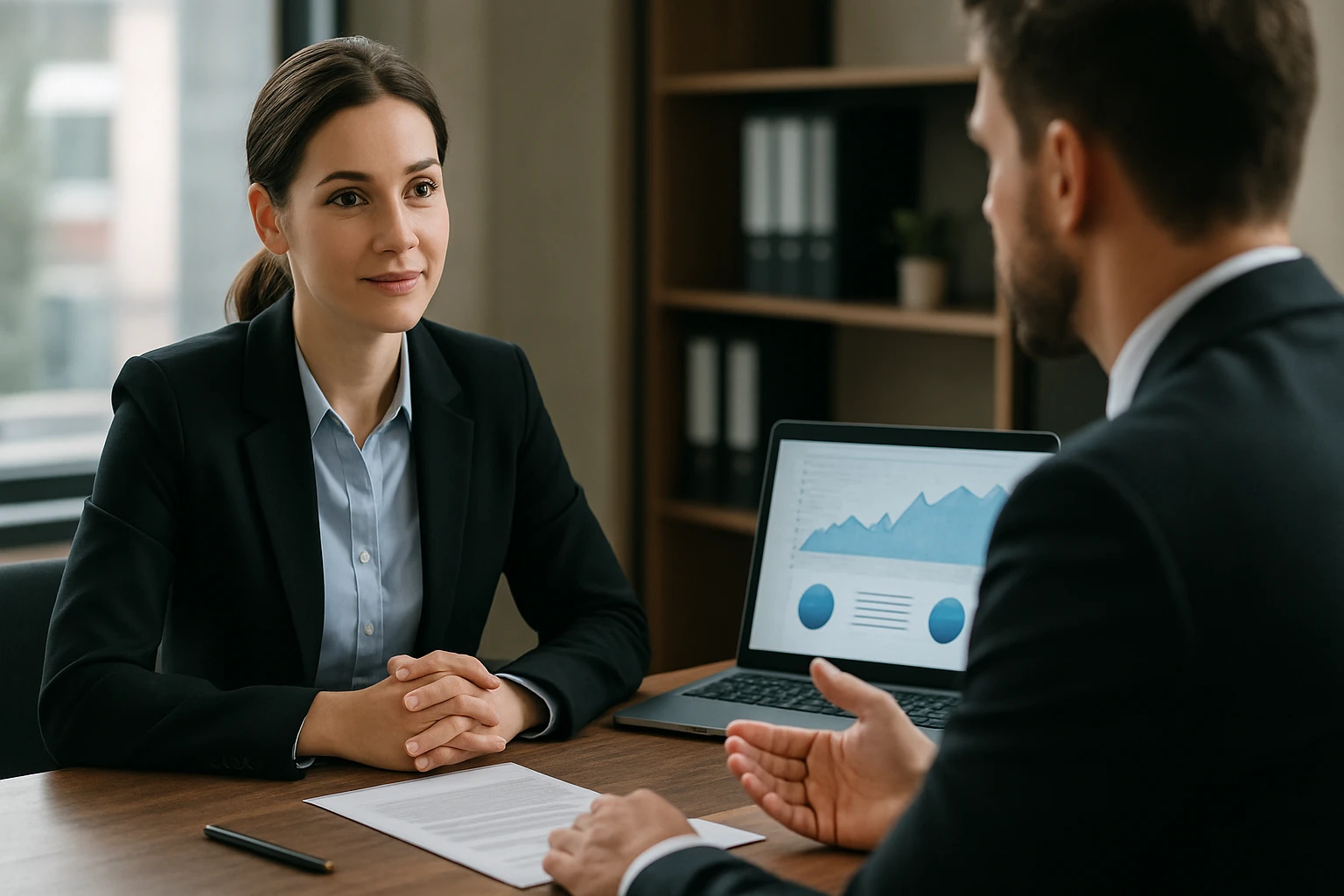 Ein Sicherheitsmitarbeiter steht aufmerksam in einem modernen Büro, während eine Frau am Laptop arbeitet.