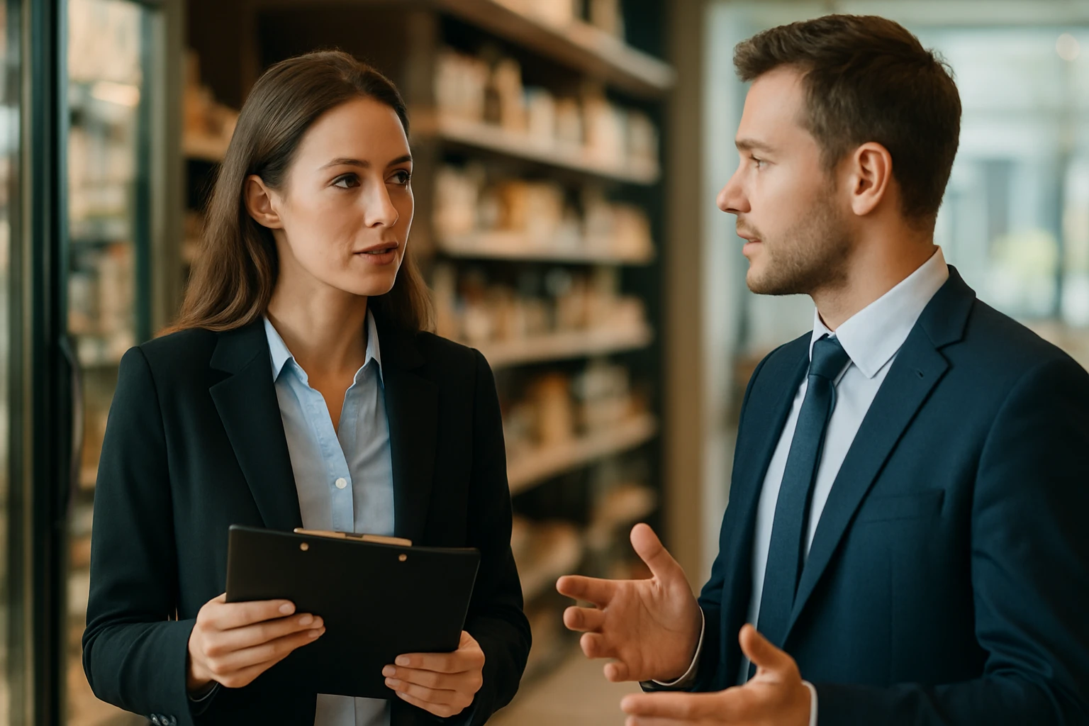 Ein Sicherheitsmitarbeiter steht aufmerksam in einem modernen Büro, während eine Frau am Laptop arbeitet.