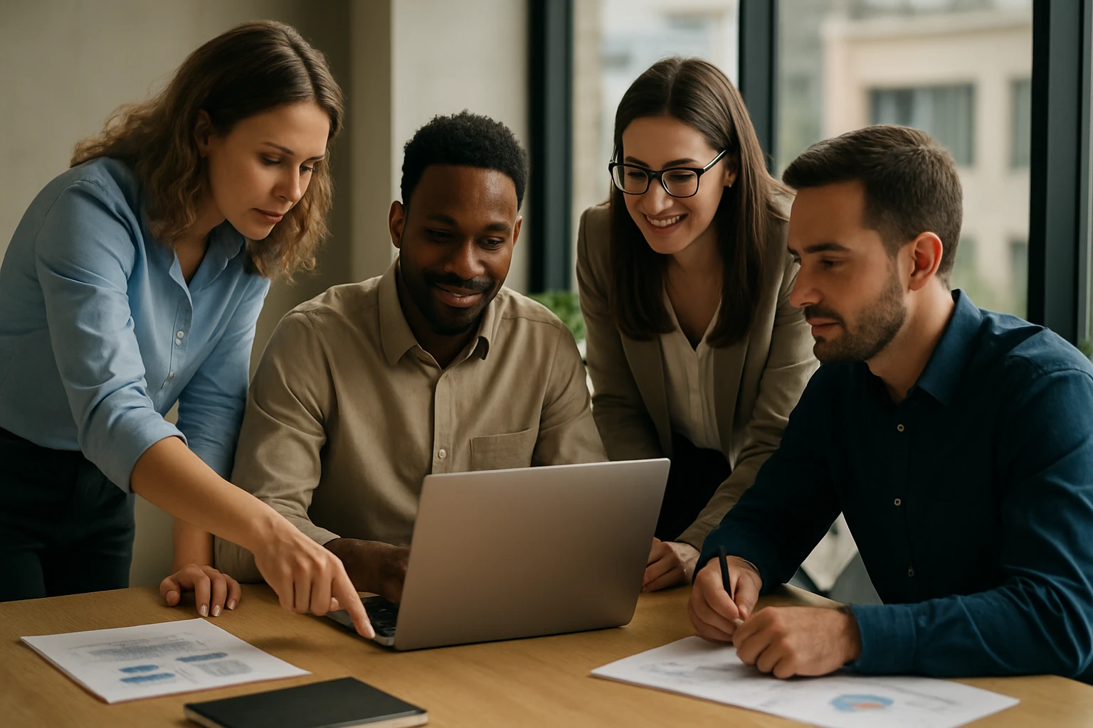 Ein Sicherheitsmitarbeiter steht in einem modernen Büro, während eine Frau am Laptop arbeitet.