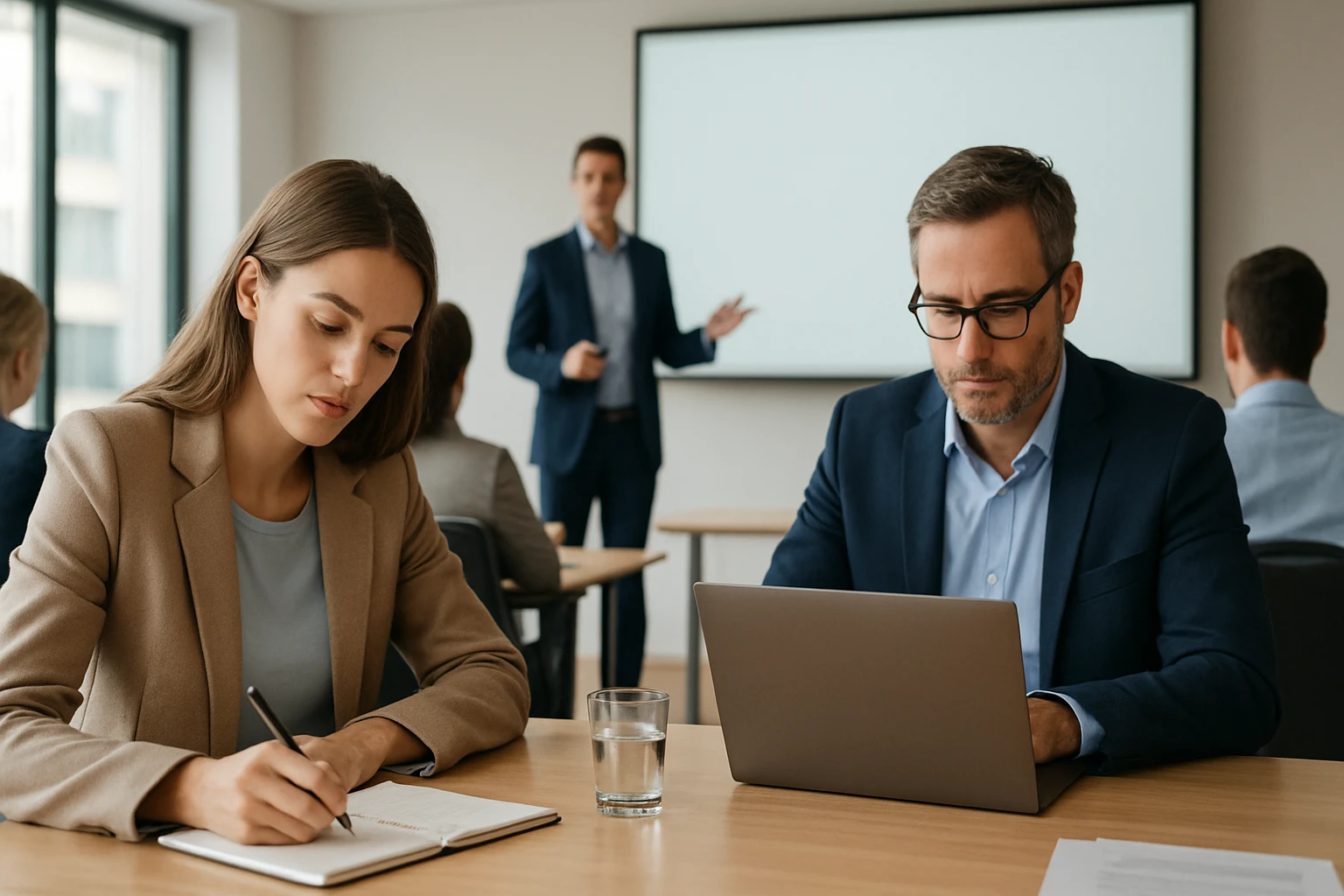 Ein Sicherheitsmitarbeiter steht aufmerksam in einem modernen Büro, während eine Frau am Laptop arbeitet.