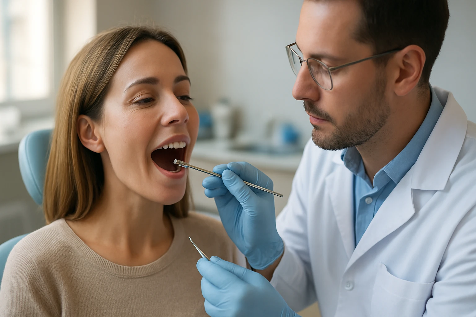Ein Sicherheitsmitarbeiter steht aufmerksam in einem modernen Büro, während eine Frau am Laptop arbeitet.