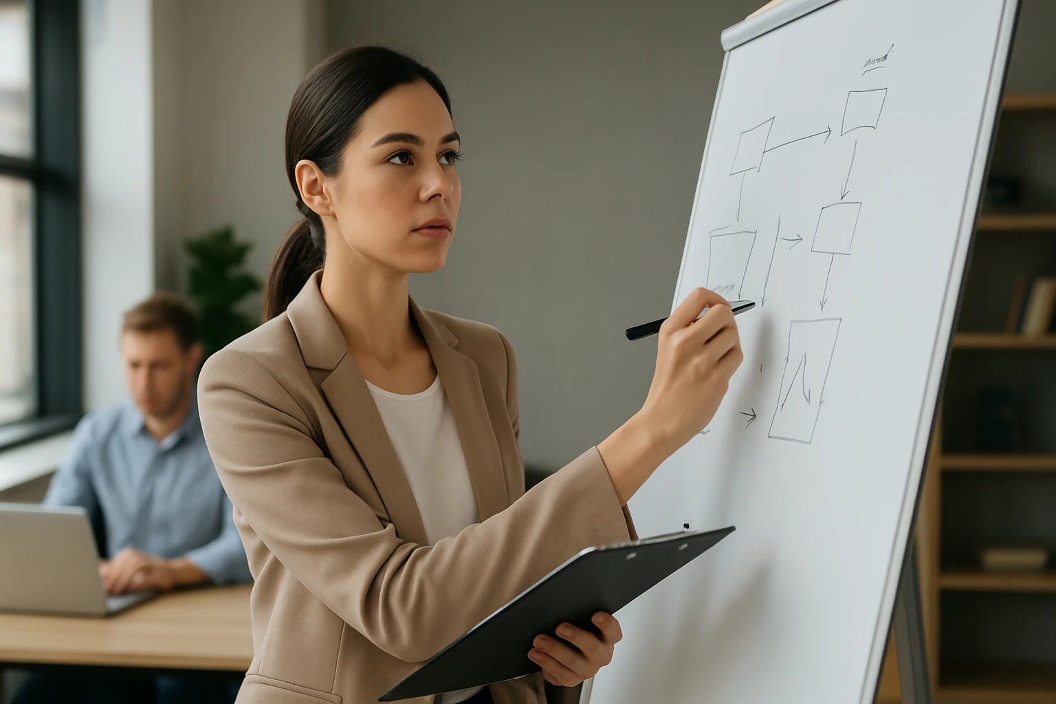 Ein Sicherheitsmitarbeiter steht aufmerksam in einem modernen Büro, während eine Frau am Laptop arbeitet.