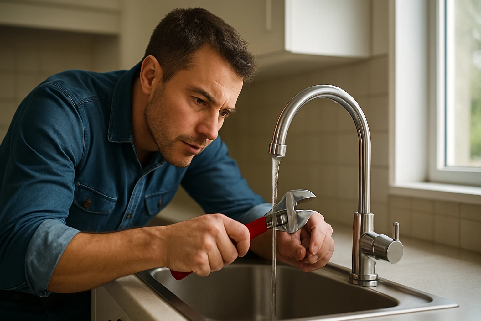 Ein Sicherheitsmitarbeiter steht aufmerksam in einem modernen Büro, während eine Frau am Laptop arbeitet.