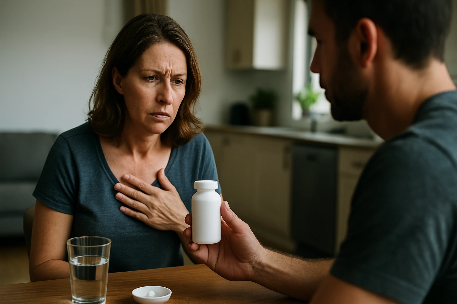 Ein Sicherheitsmitarbeiter steht aufmerksam in einem modernen Büro, während eine Frau am Laptop arbeitet.