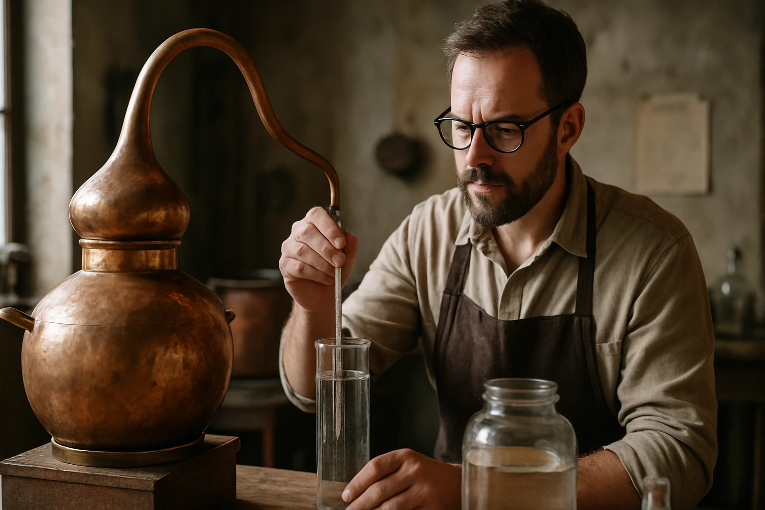 Ein Sicherheitsmitarbeiter steht aufmerksam in einem modernen Büro, während eine Frau am Laptop arbeitet.