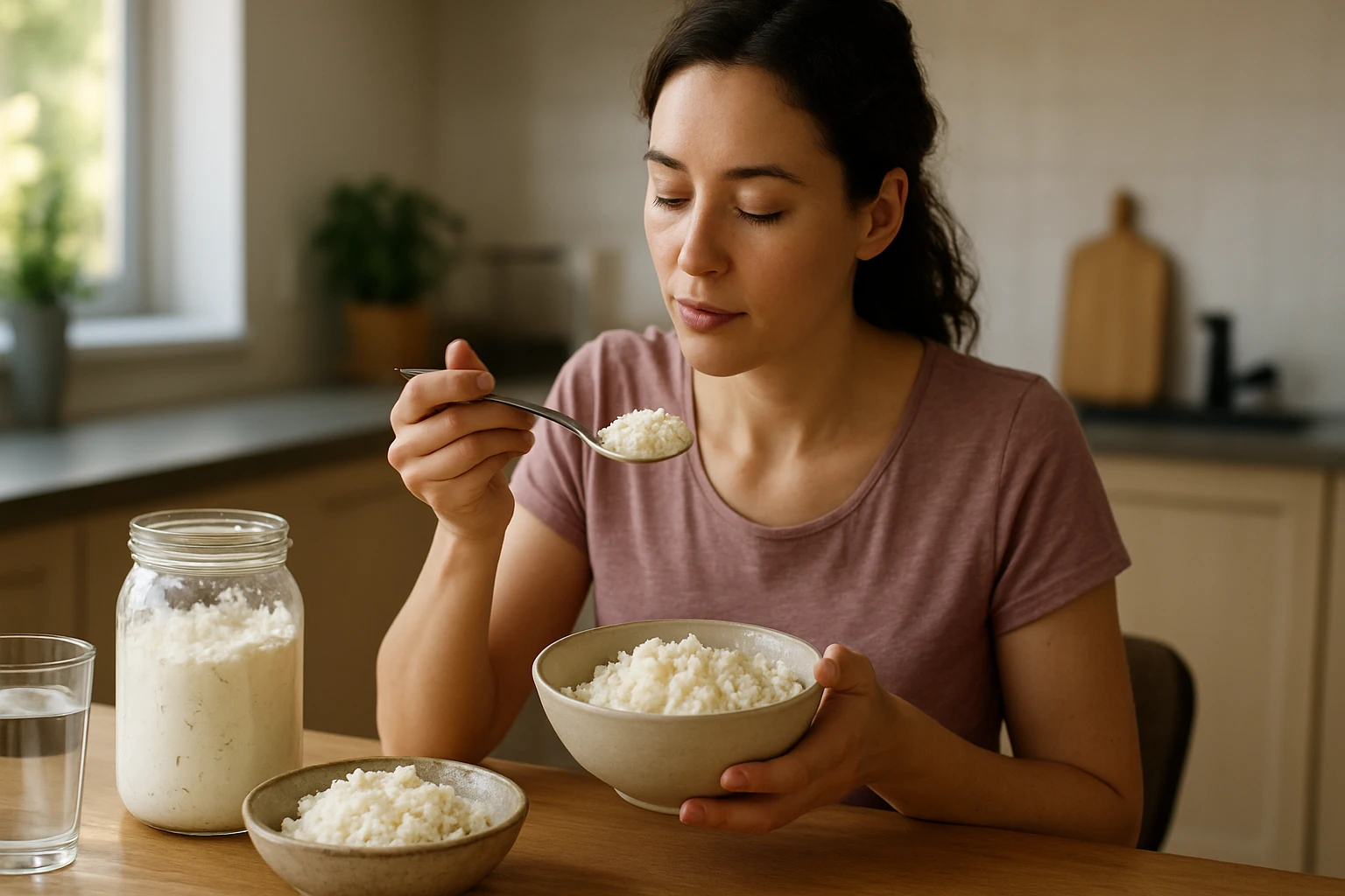 Ein Sicherheitsmitarbeiter steht aufmerksam in einem modernen Büro, während eine Frau am Laptop arbeitet.