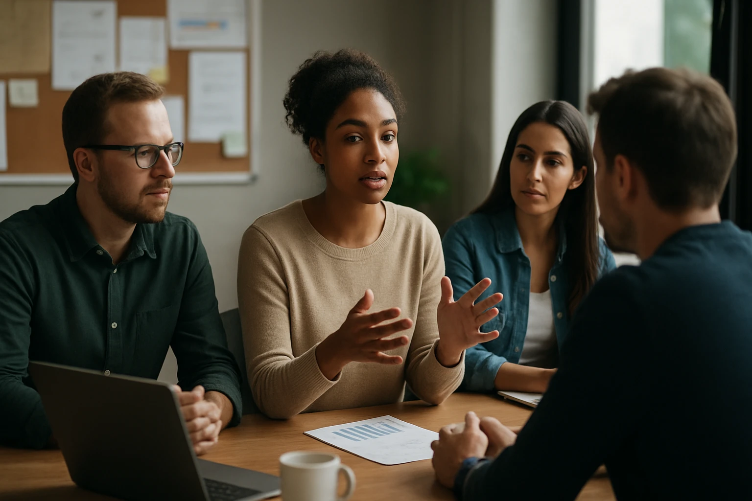 Ein Sicherheitsmitarbeiter steht aufmerksam in einem modernen Büro, während eine Frau am Laptop arbeitet.