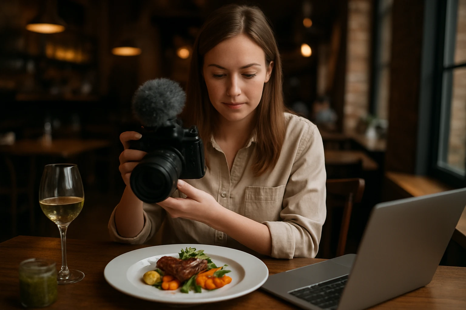 Ein Sicherheitsmitarbeiter steht aufmerksam in einem modernen Büro, während eine Frau am Laptop arbeitet.