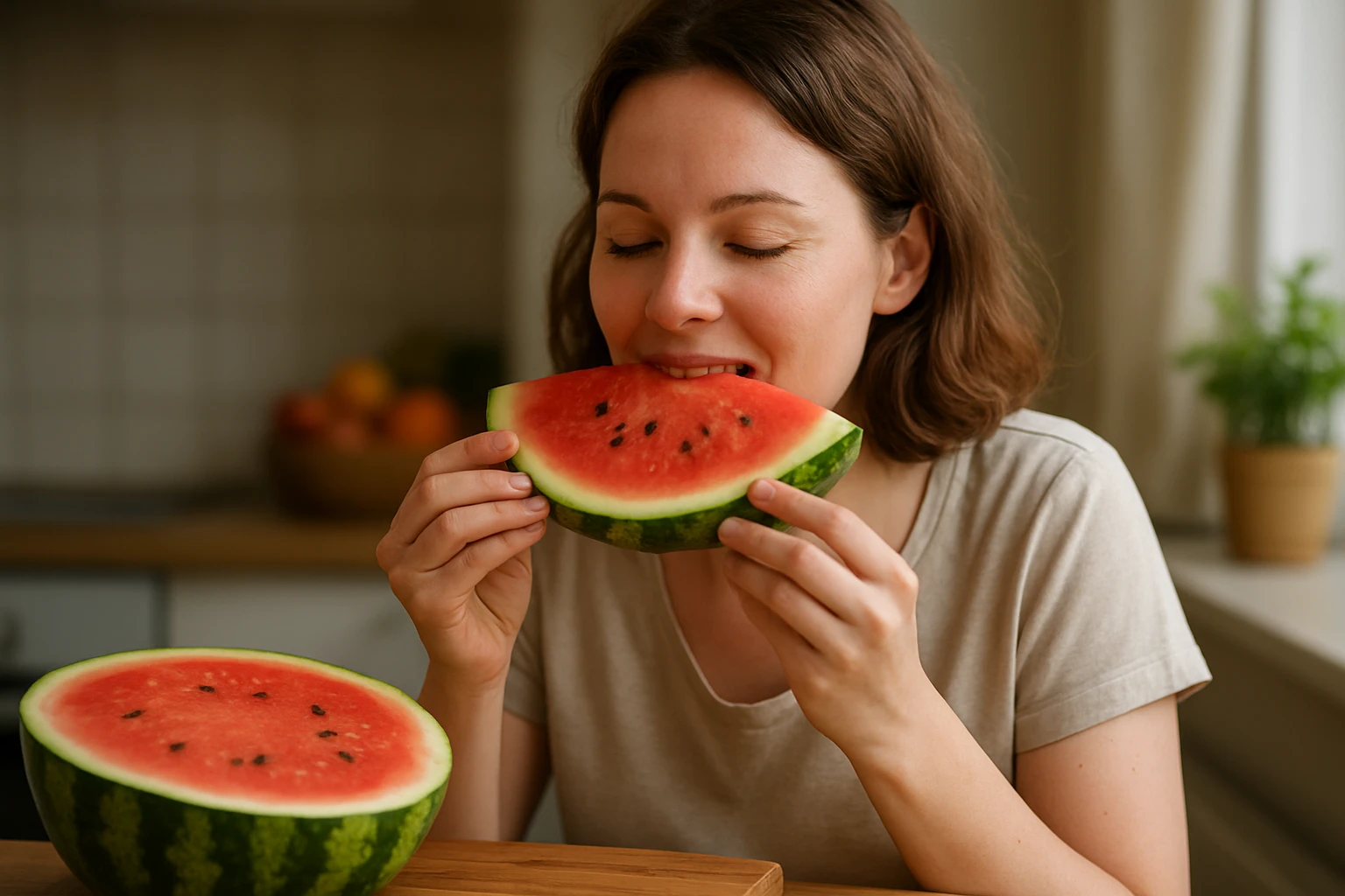 Ein Sicherheitsmitarbeiter steht in einem modernen Büro, während eine Frau am Laptop arbeitet.
