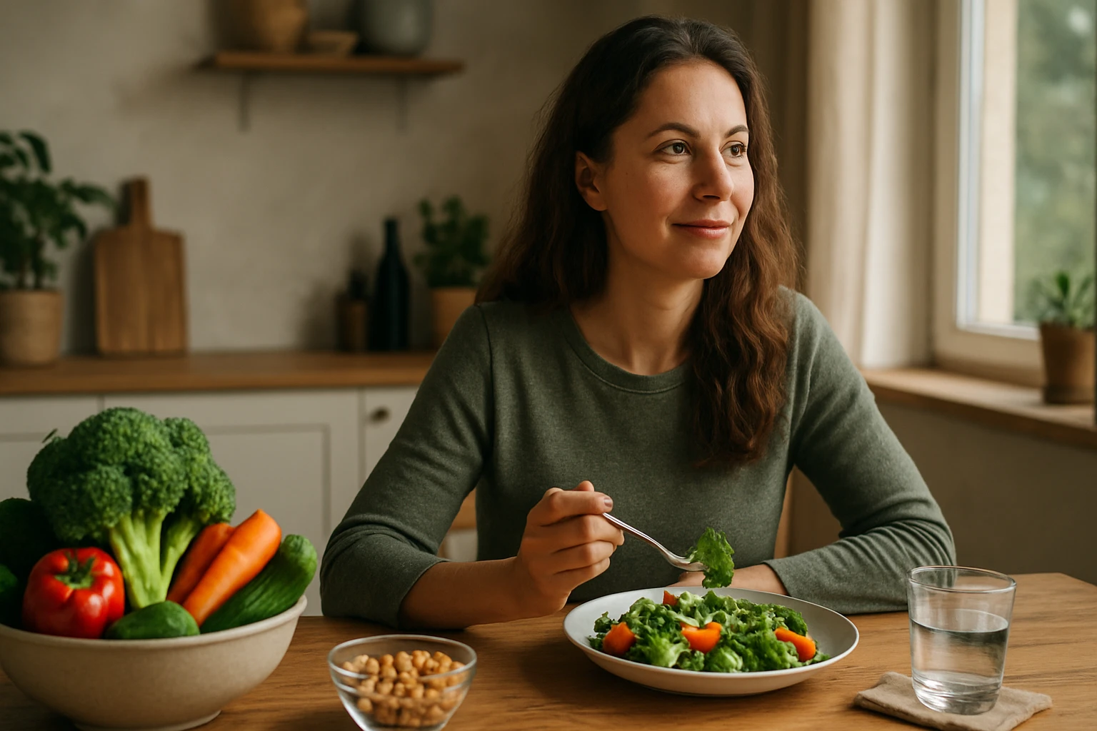 Ein Sicherheitsmitarbeiter steht aufmerksam in einem modernen Büro, während eine Frau am Laptop arbeitet.