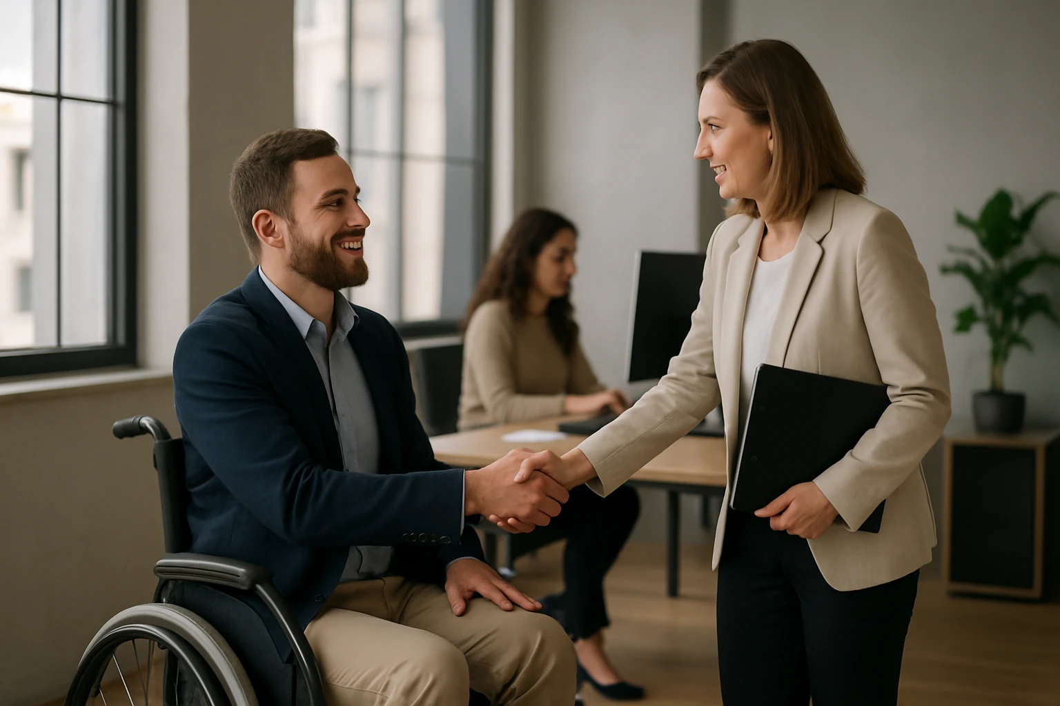 Ein Sicherheitsmitarbeiter steht aufmerksam in einem modernen Büro, während eine Frau am Laptop arbeitet.