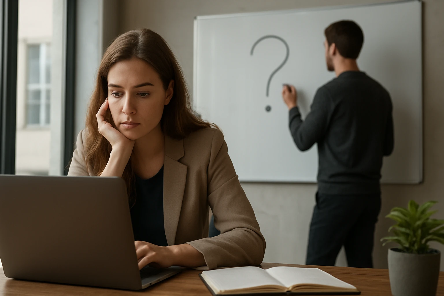 Ein Sicherheitsmitarbeiter steht aufmerksam in einem modernen Büro, während eine Frau am Laptop arbeitet.