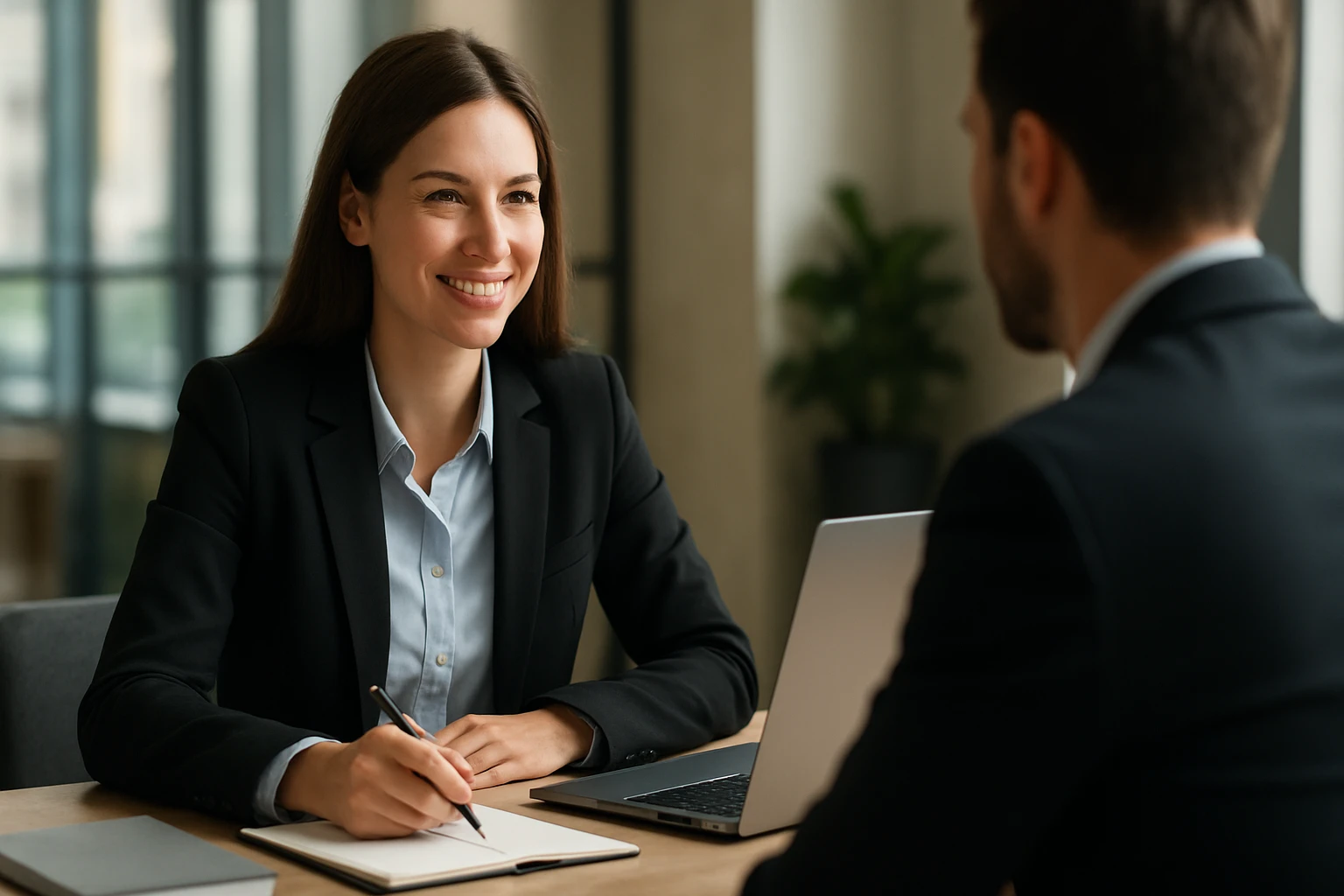 Ein Sicherheitsmitarbeiter steht in einem modernen Büro, während eine Frau am Laptop arbeitet.