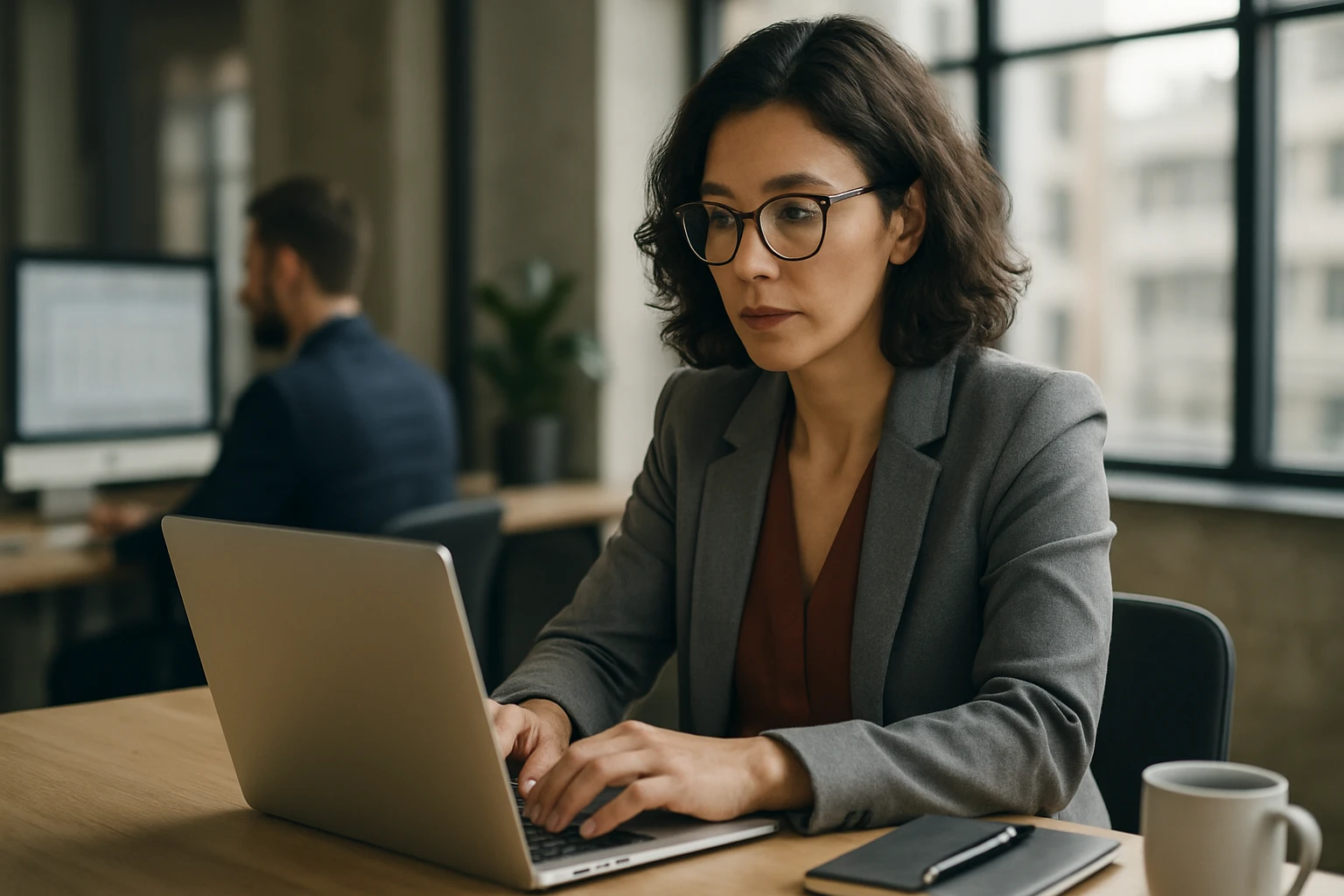 Ein Sicherheitsmitarbeiter steht aufmerksam in einem modernen Büro, während eine Frau am Laptop arbeitet.