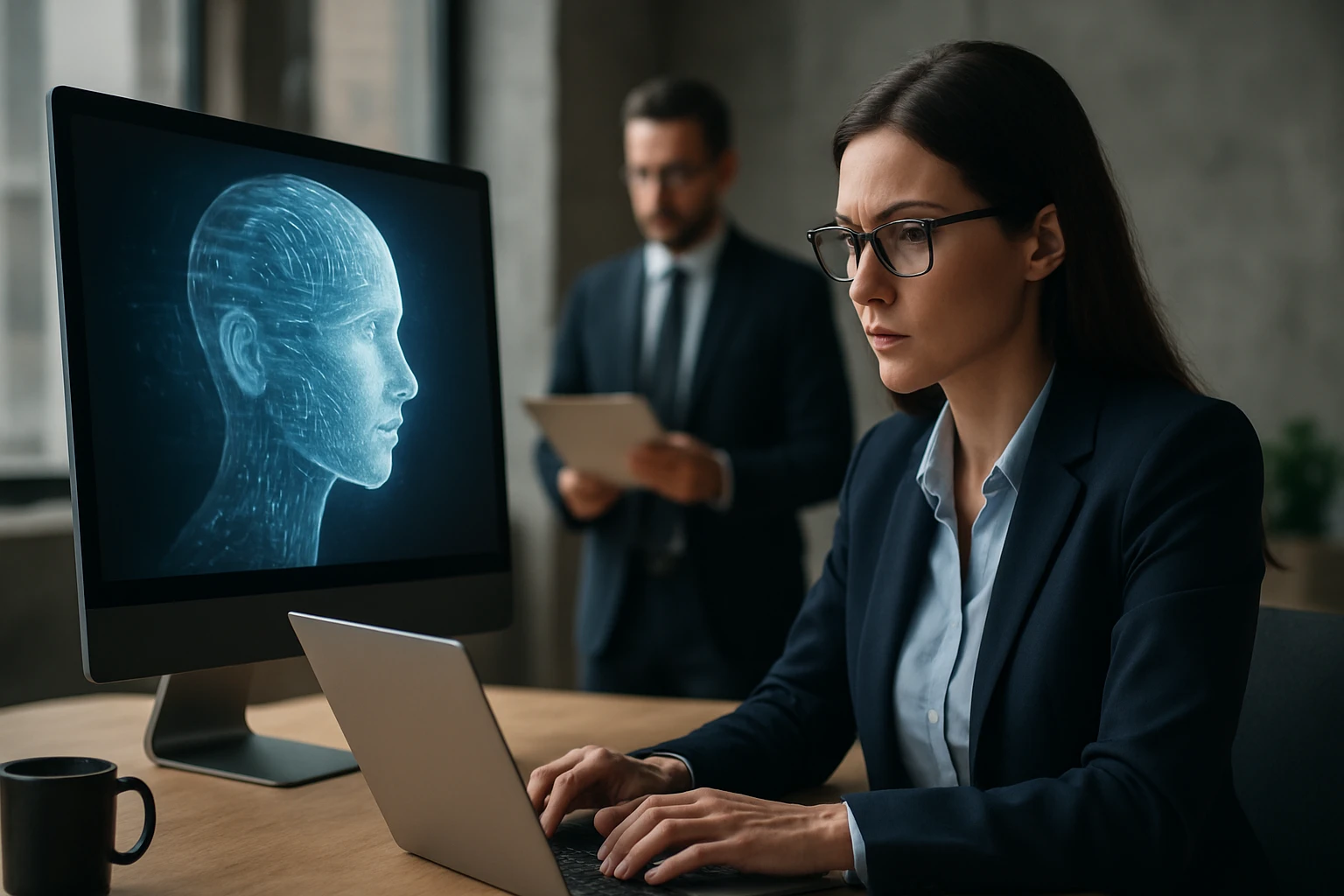 Ein Sicherheitsmitarbeiter steht aufmerksam in einem modernen Büro, während eine Frau am Laptop arbeitet.