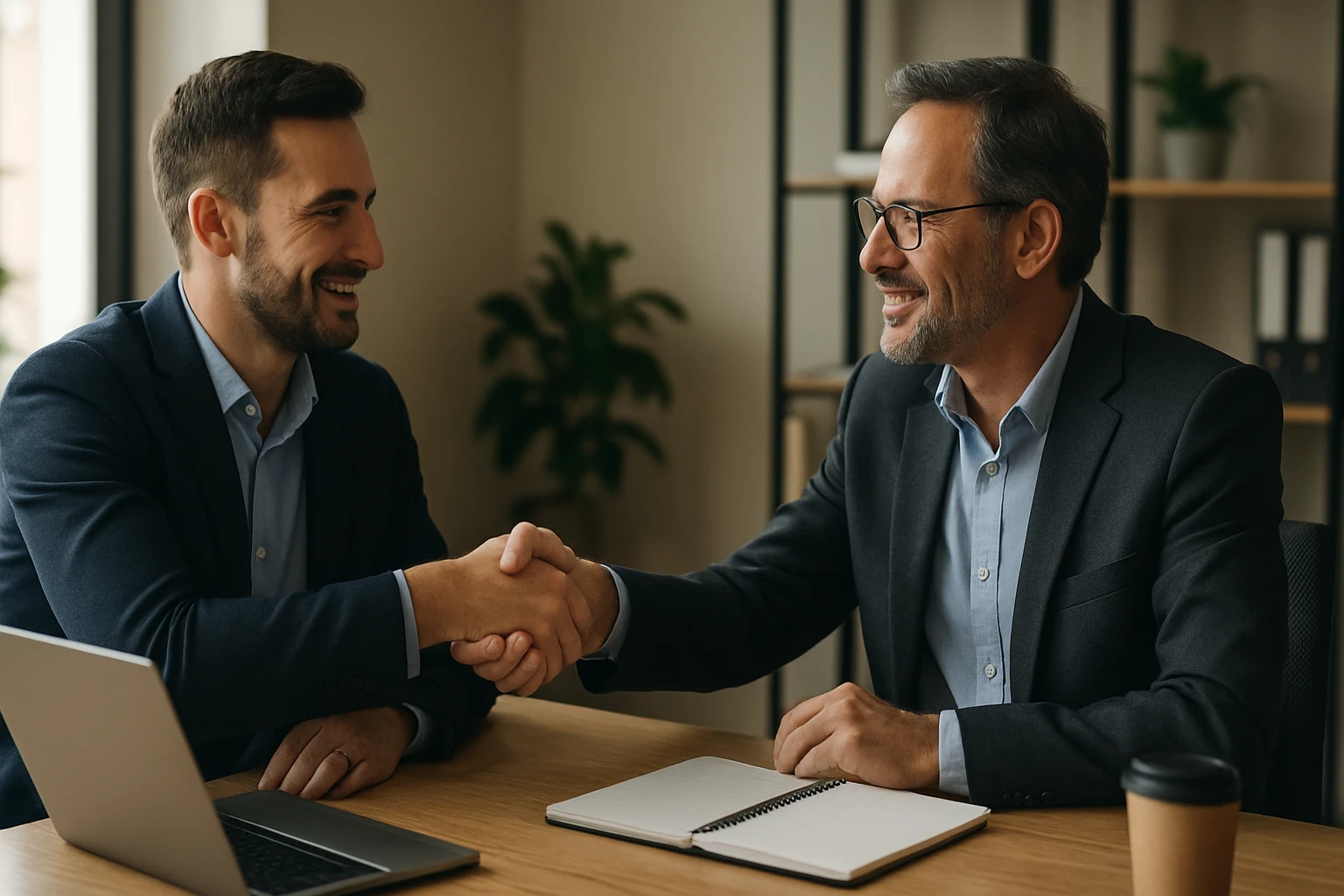 Ein Sicherheitsmitarbeiter steht aufmerksam in einem modernen Büro, während eine Frau am Laptop arbeitet.