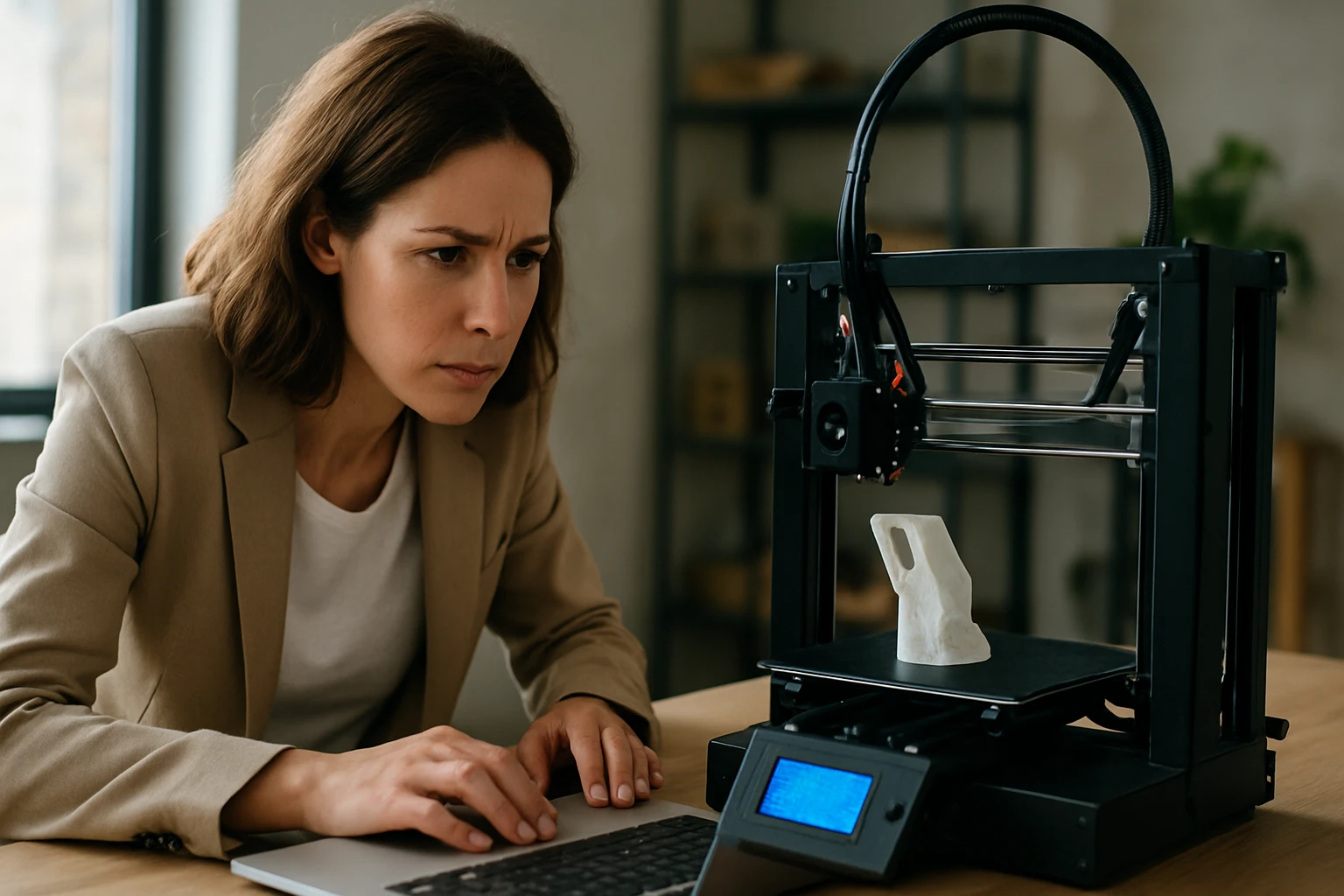 Ein Sicherheitsmitarbeiter steht aufmerksam in einem modernen Büro.