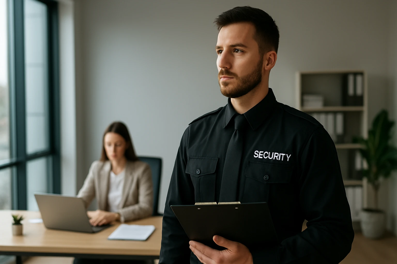 Ein Sicherheitsmitarbeiter steht aufmerksam in einem modernen Büro, während eine Frau am Laptop arbeitet.