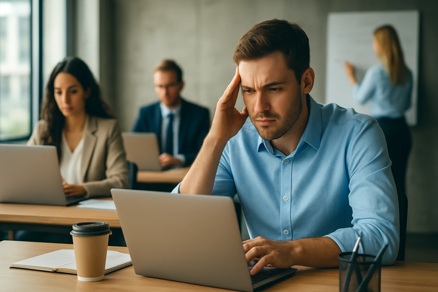 Ein Mann sitzt an einem Schreibtisch, sieht gestresst aus und hält sich die Stirn.
