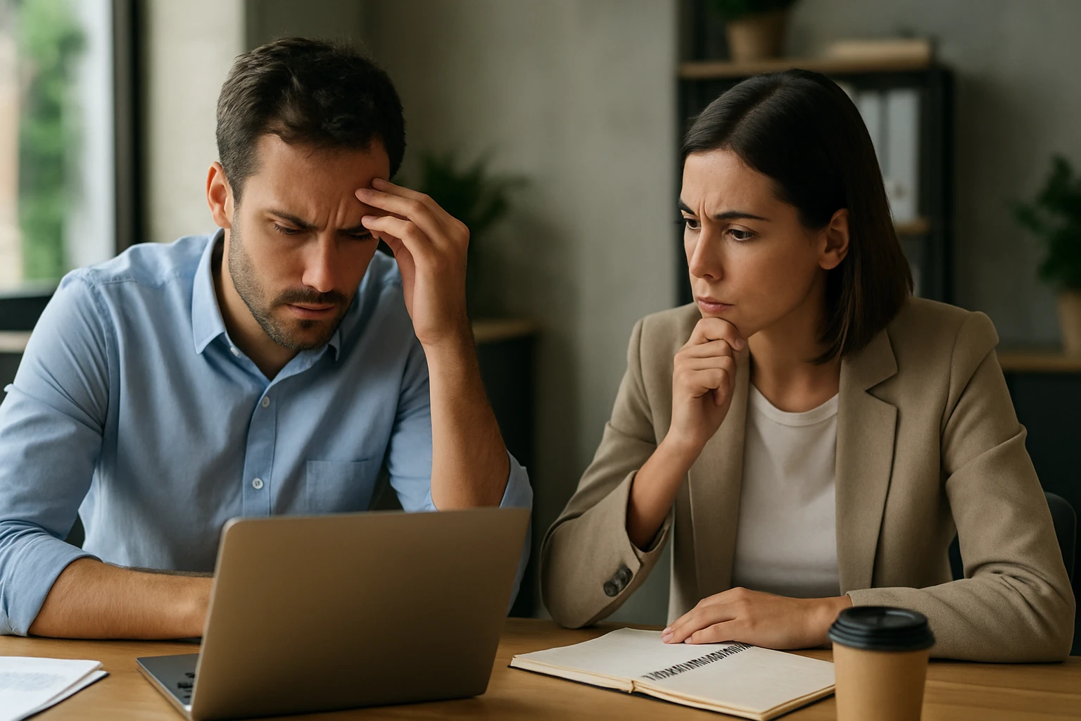 Ein Mann sitzt an einem Schreibtisch, sieht gestresst aus und hält sich die Stirn.