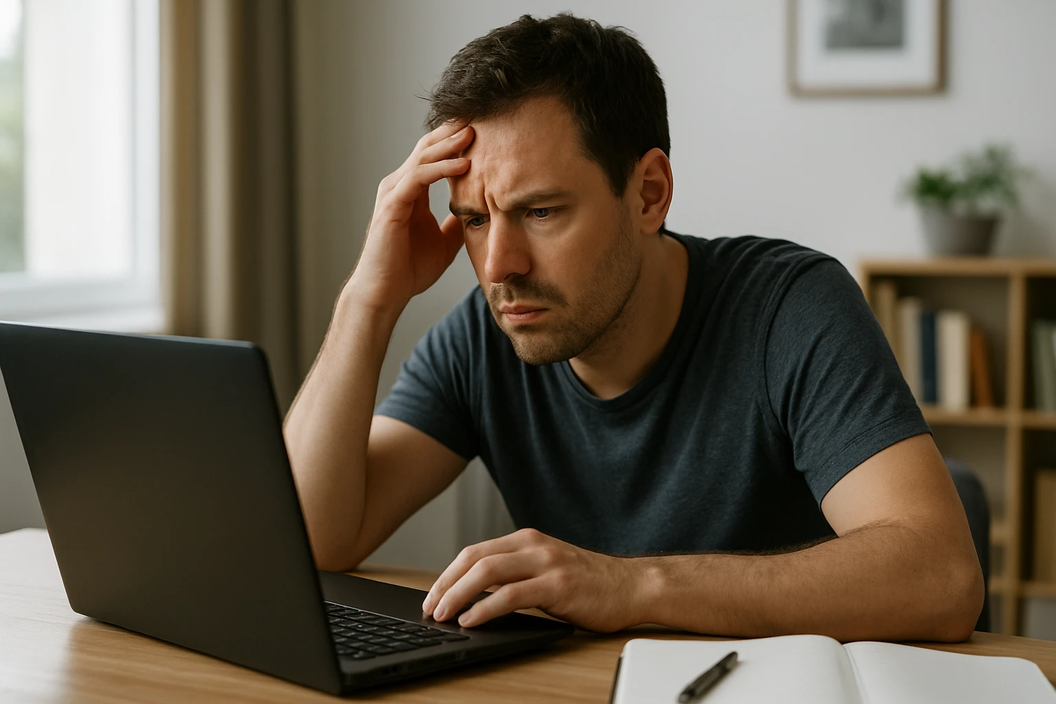 Ein besorgter Mann sitzt vor einem Laptop und hält sich die Stirn.