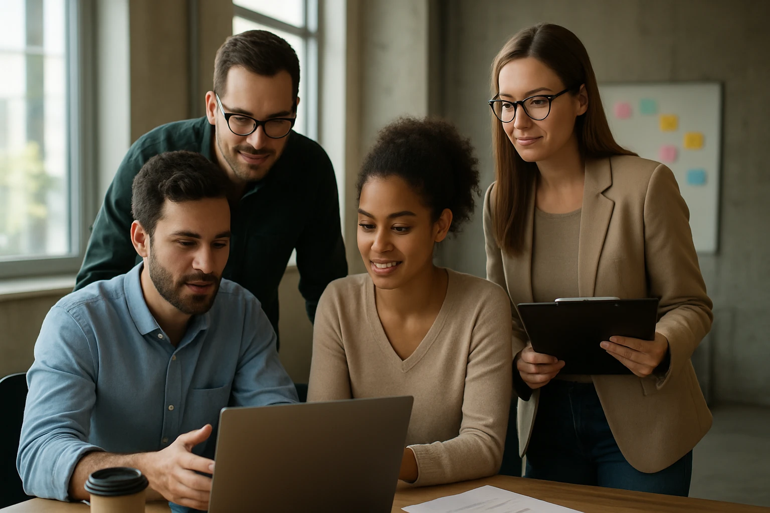 Vier Personen schauen gemeinsam auf einen Laptop in einem modernen Büro.