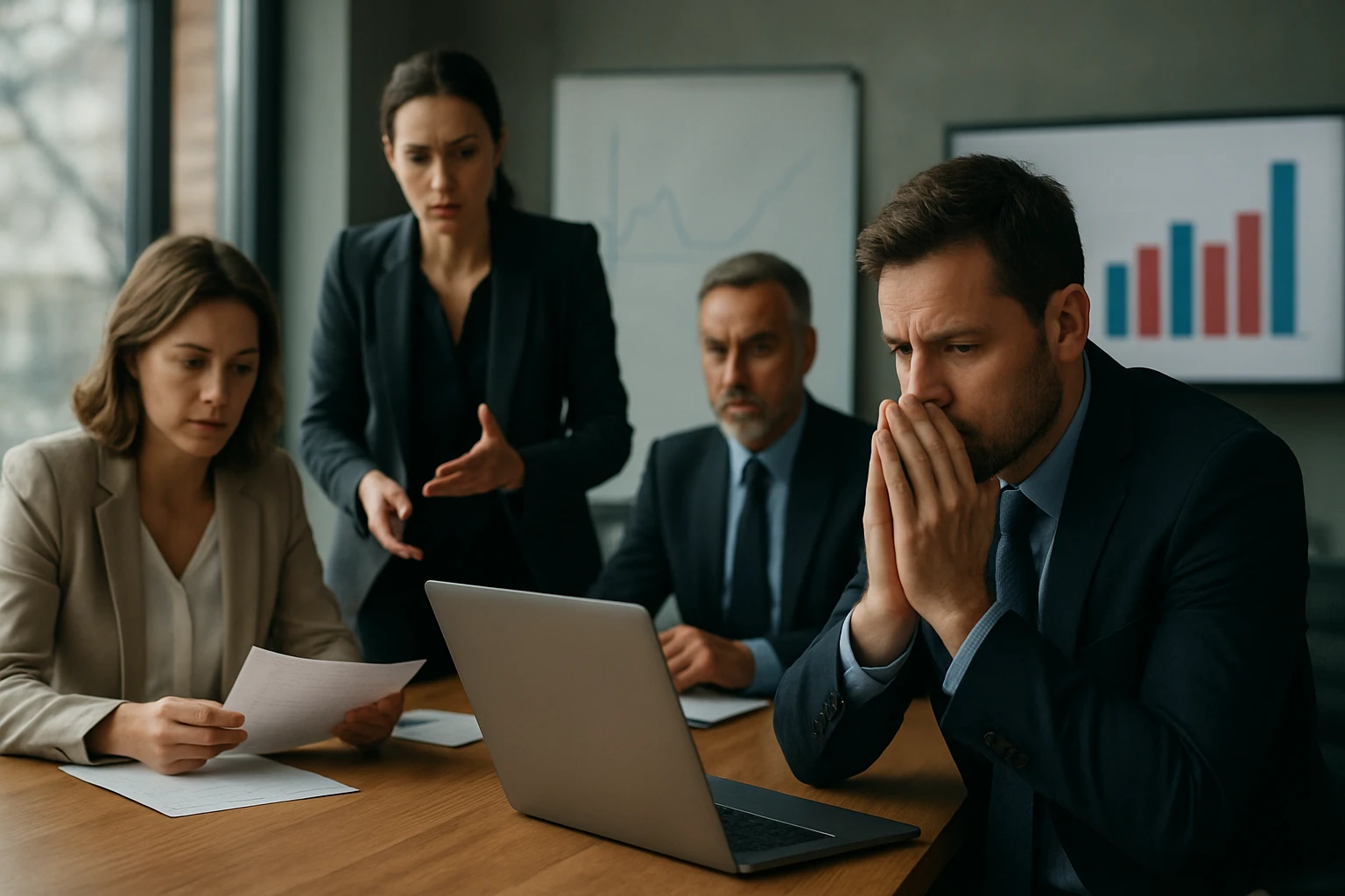 Eine Gruppe von vier Fachleuten in einem modernen Büro diskutiert lebhaft.