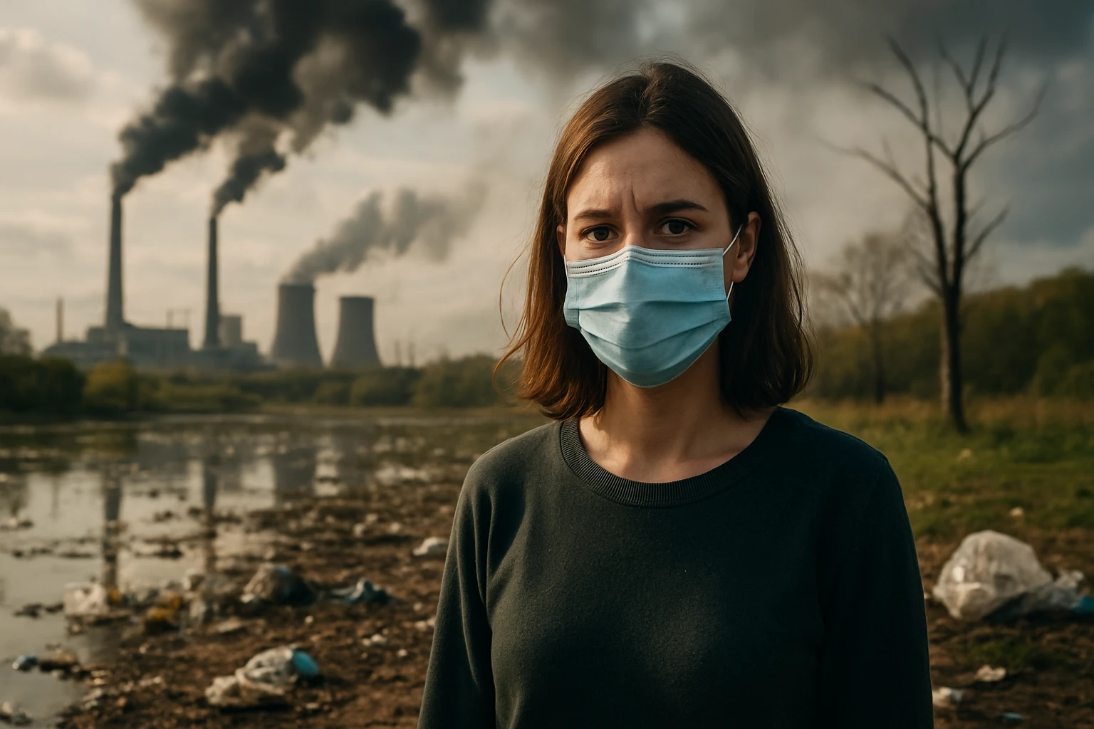 Eine Frau in einem Anzug und Helm arbeitet am Laptop in einer Fabrik.