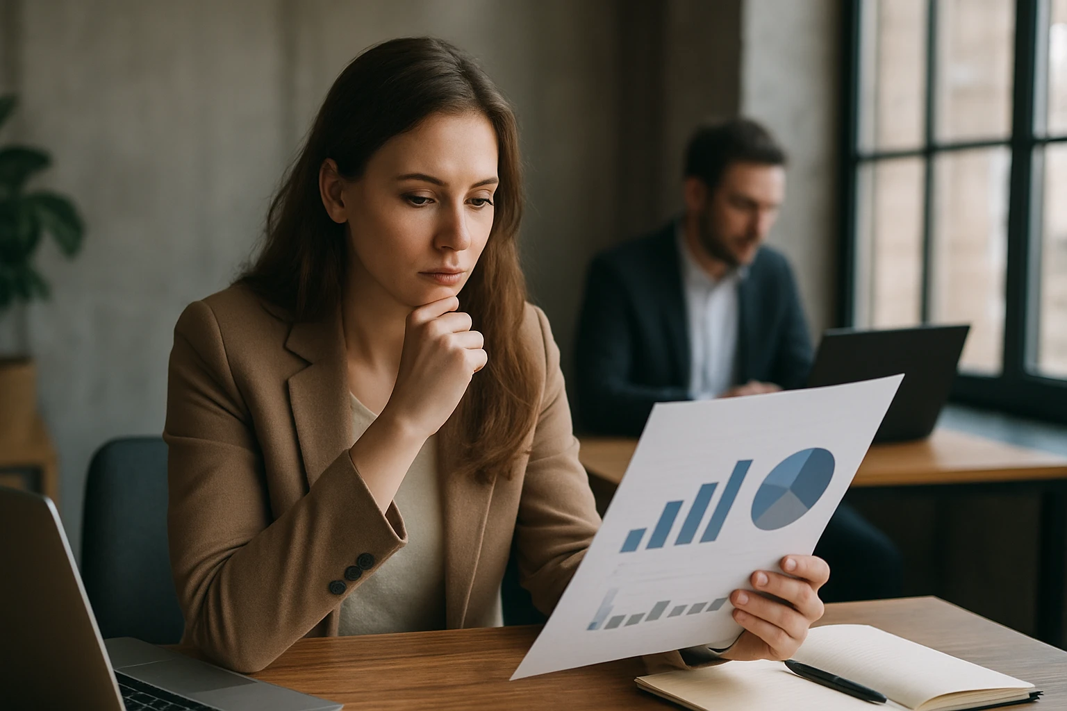 Eine Frau in einem Anzug und Helm arbeitet am Laptop in einer Fabrik mit Robotern.