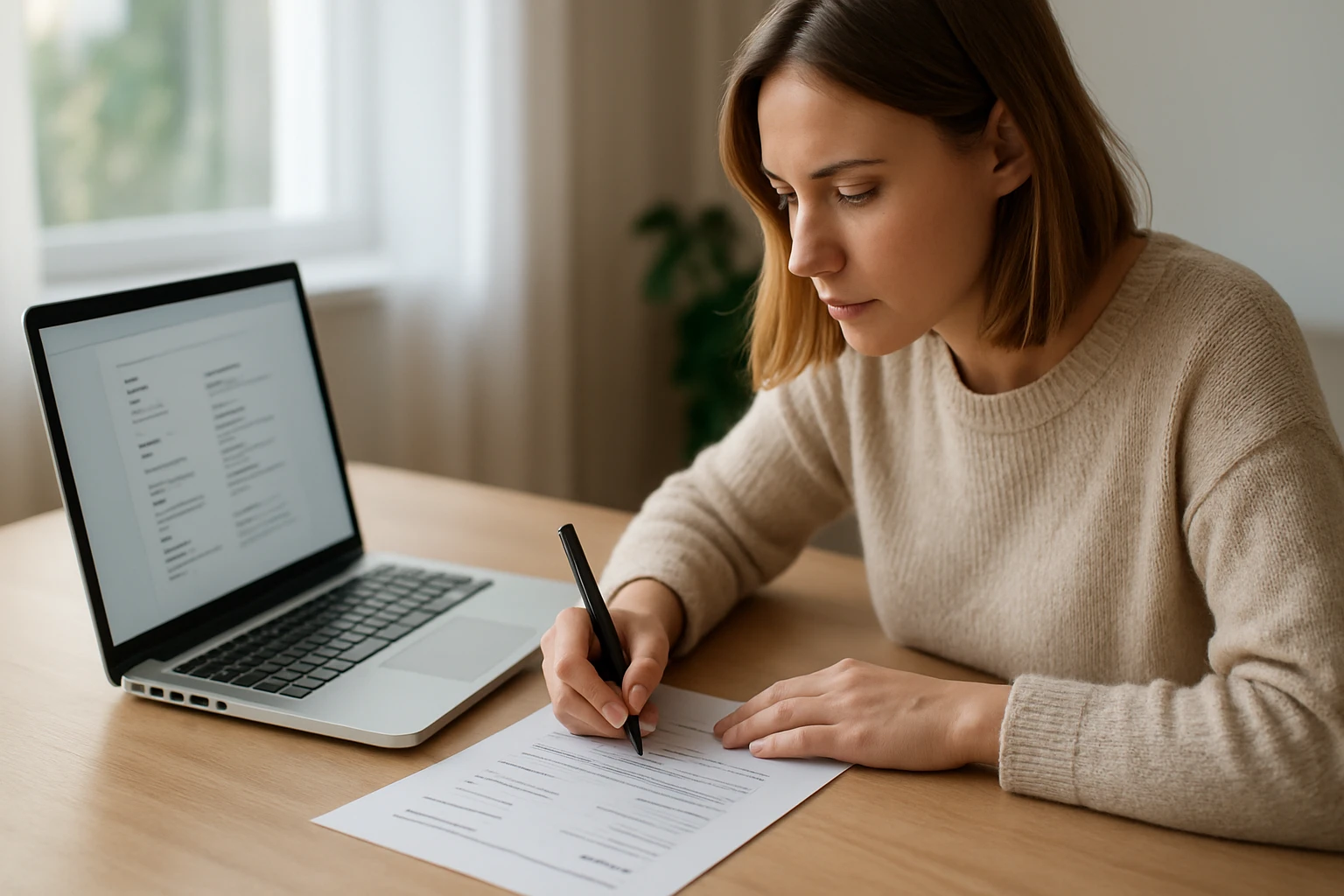 Eine Frau in einem Anzug und Helm arbeitet konzentriert an einem Laptop in einer Fabrik.