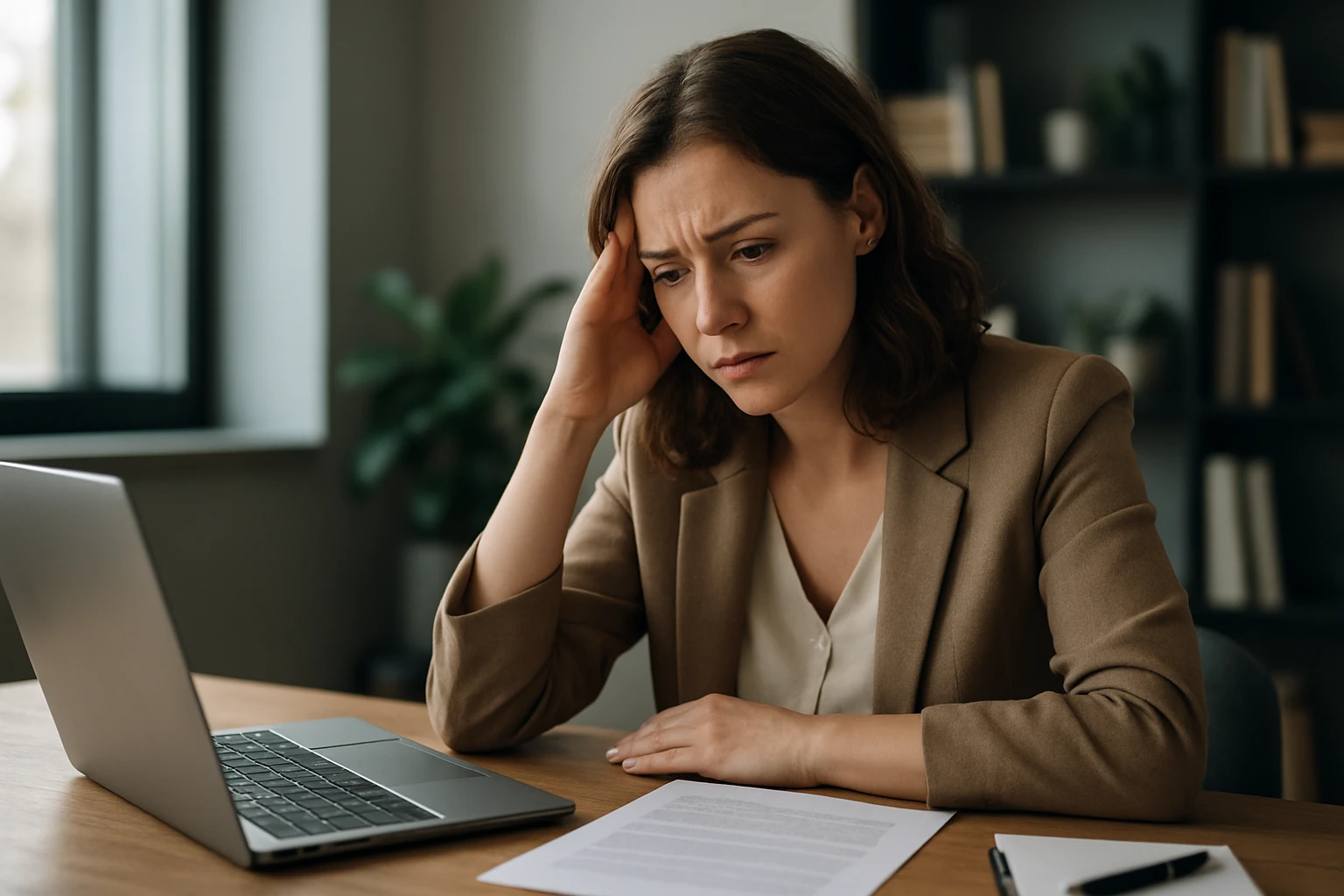 Eine Frau in einem Anzug und einem Helm arbeitet am Laptop in einer Fabrik.