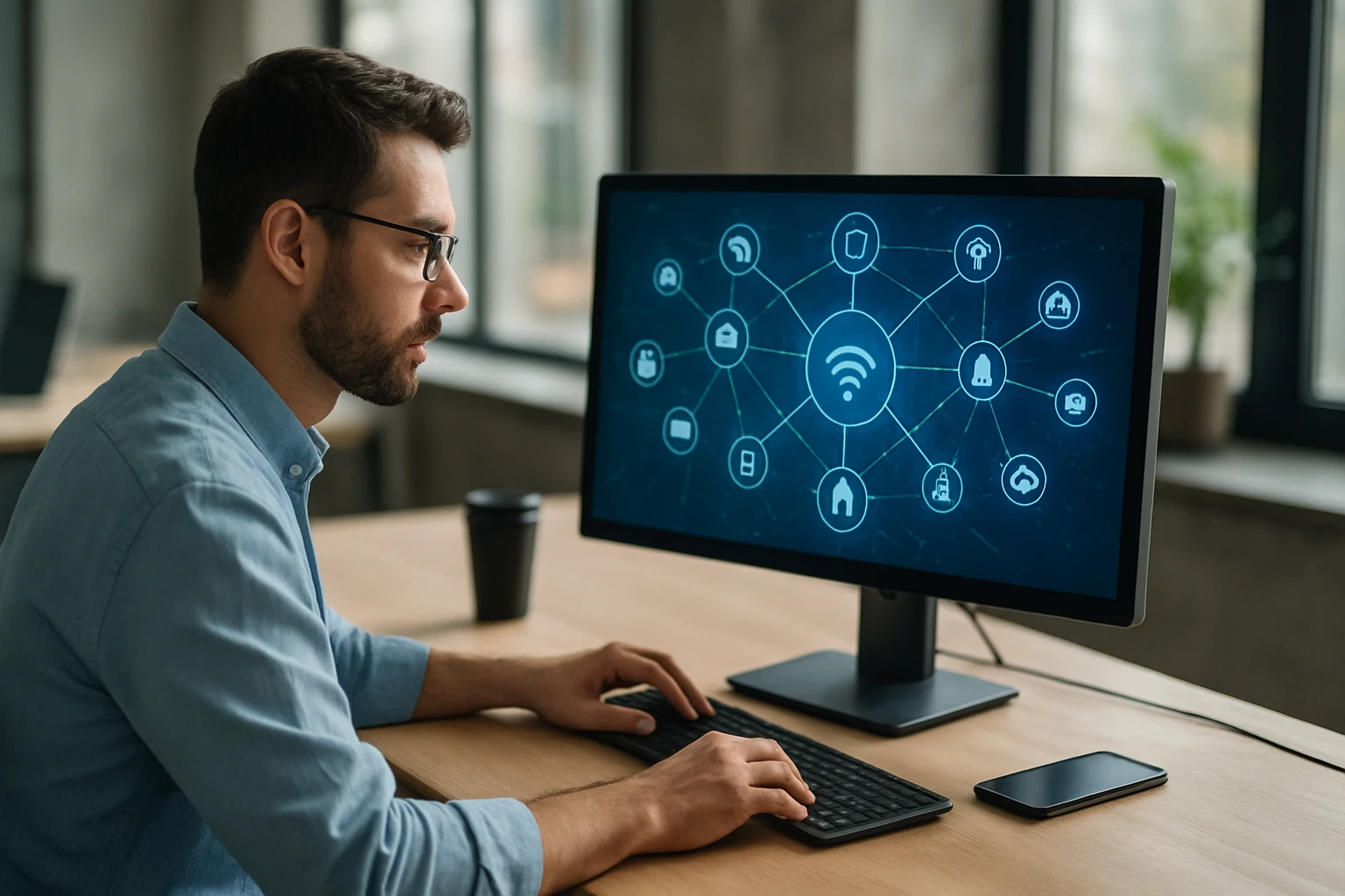 Eine Frau in einem Anzug und einem Schutzhelm arbeitet am Laptop in einer Fabrik.