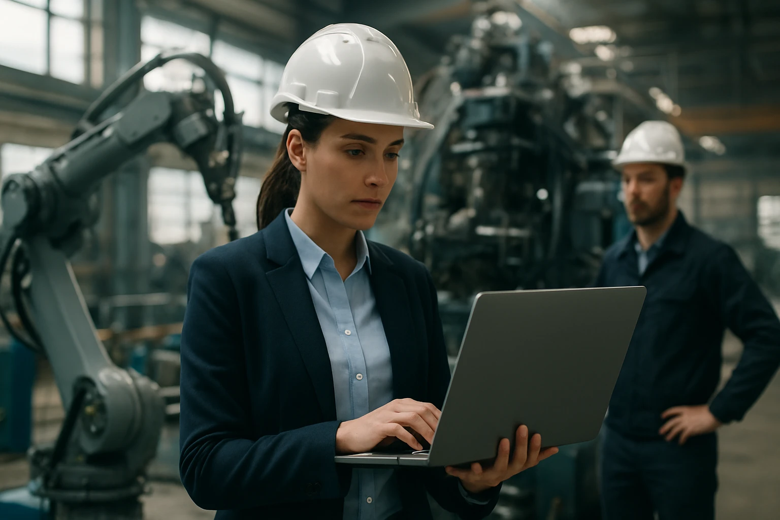 Eine Frau in einem Sicherheitshelm arbeitet an einem Laptop in einer Fabrik.
