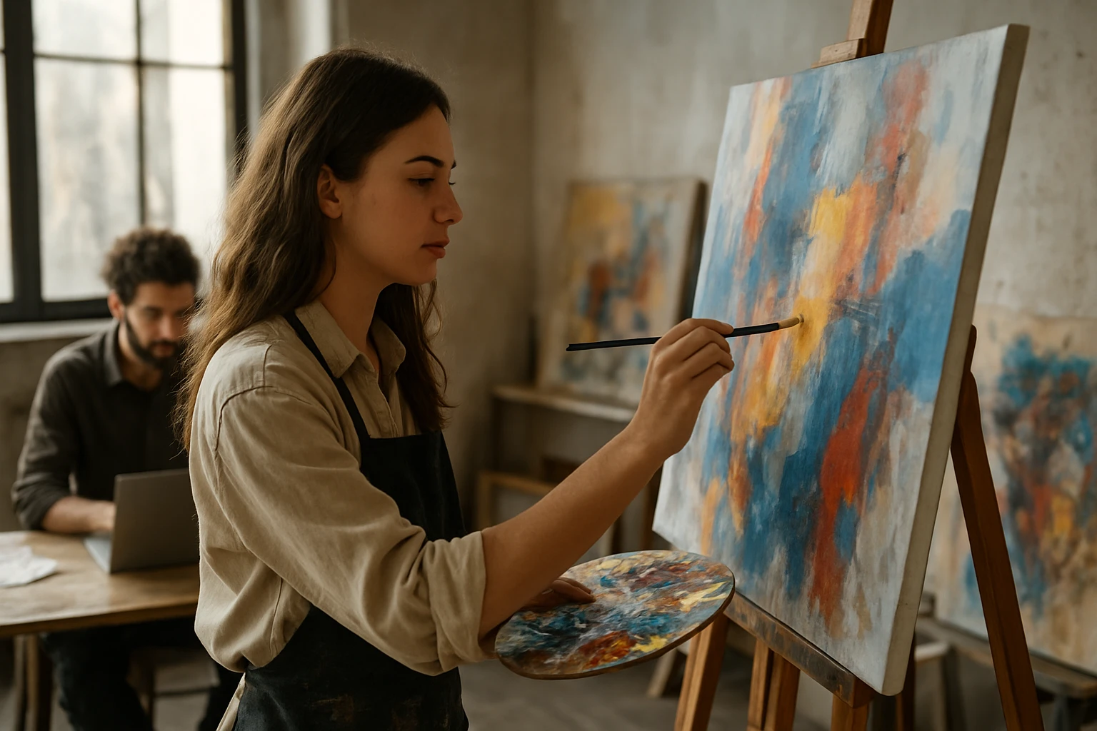 Eine Frau in einem Anzug sitzt an einem Tisch und spricht über Video mit einem Mann.