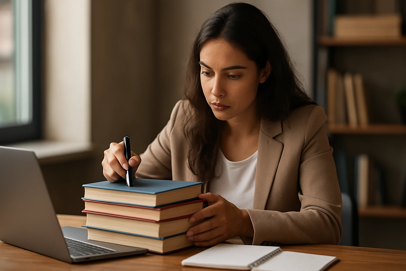 Eine Frau in einem Anzug sitzt an einem Tisch und spricht über Video mit einem Mann.