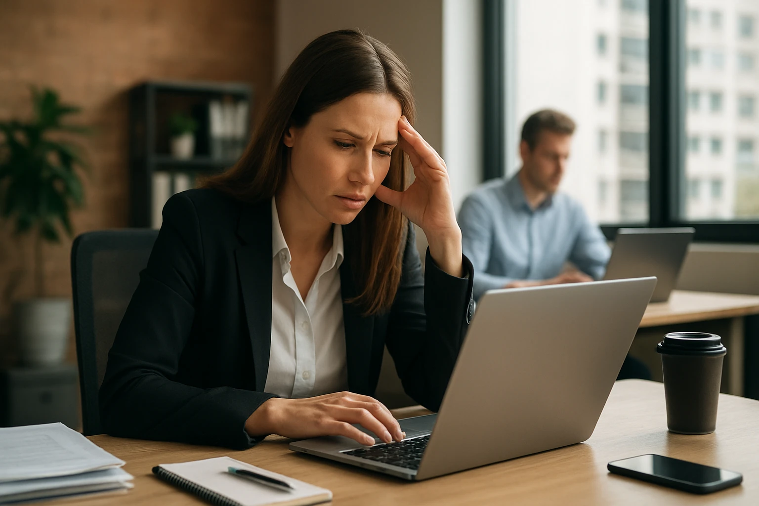 Eine Frau in einem Anzug sitzt an einem Schreibtisch und spricht über Video mit einem Mann.
