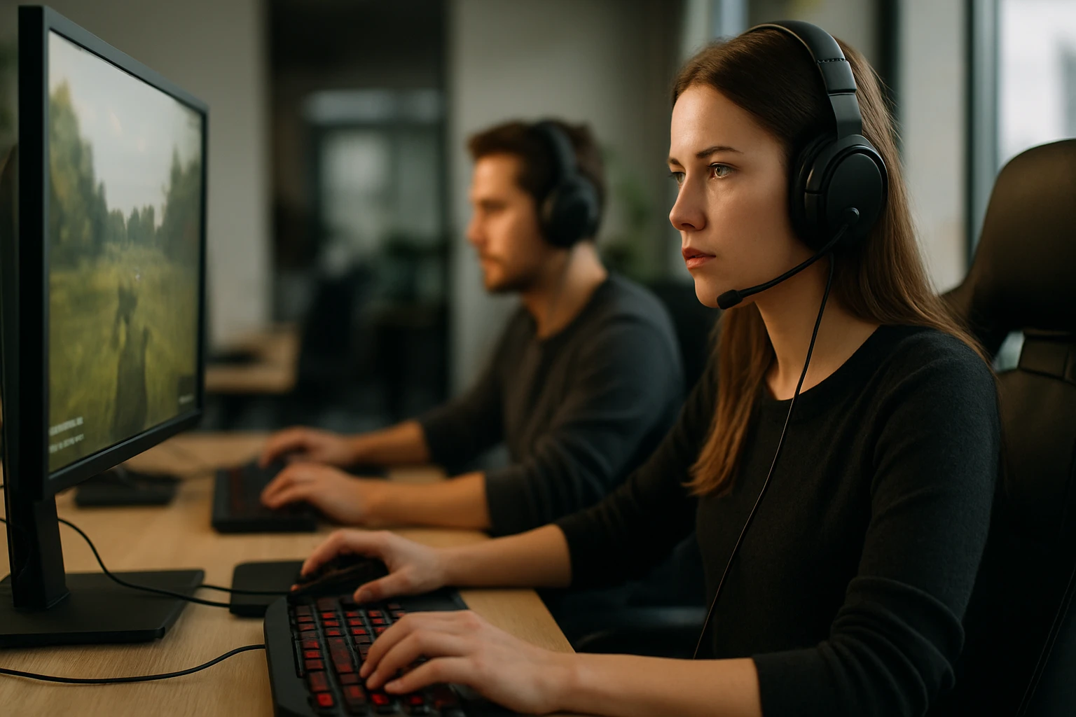Eine Frau in einem Anzug sitzt an einem Tisch und spricht über Video mit einem Mann.