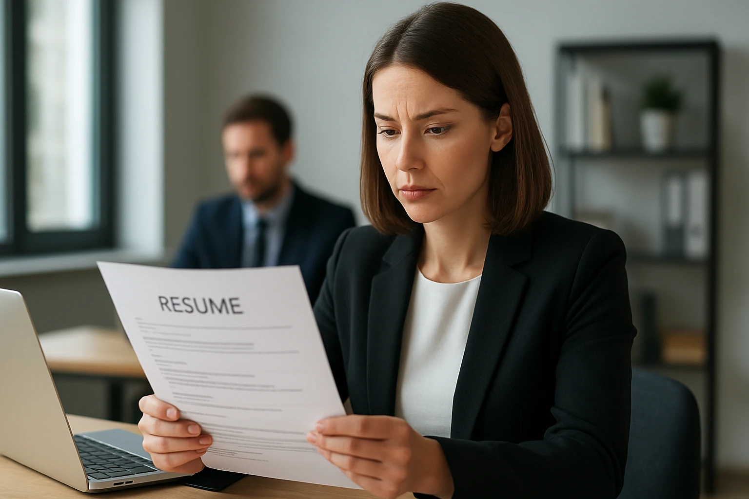 Eine Frau in einem Anzug sitzt an einem Schreibtisch und spricht über einen Laptop mit einem Mann.