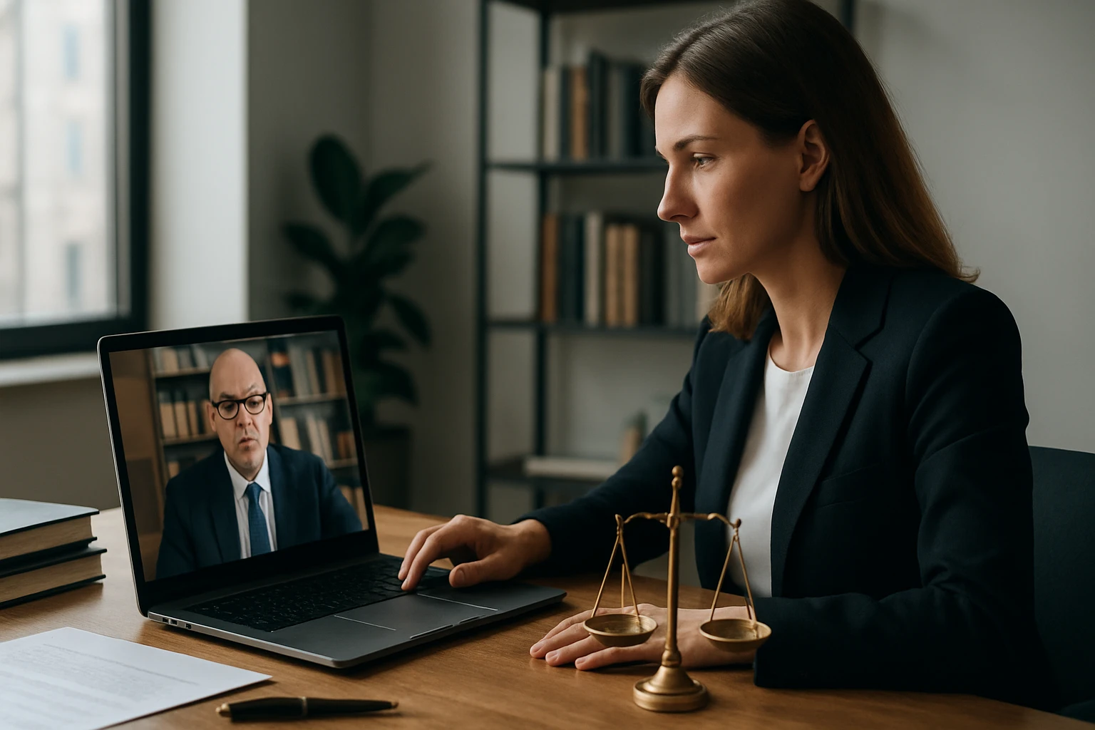 Eine Frau in einem Anzug sitzt am Schreibtisch und spricht über Videoanruf mit einem Mann.