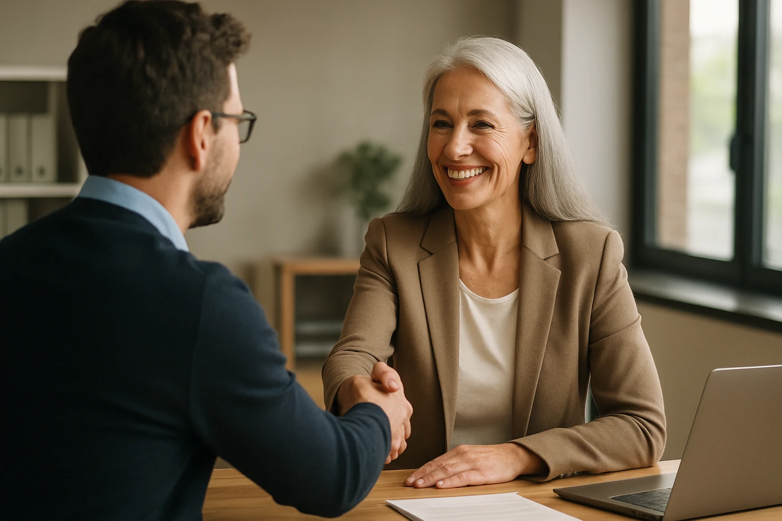 Eine Frau in einem Anzug sitzt an einem Tisch und spricht über Videoanruf mit einem Mann.