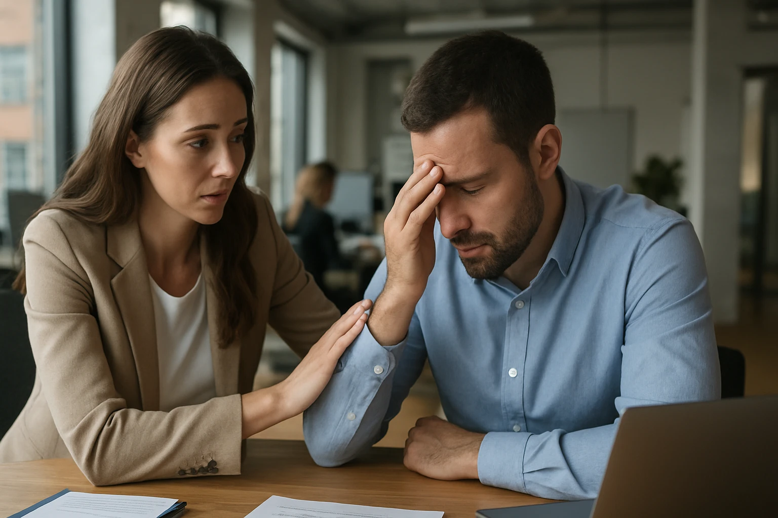 Eine Frau in einem Anzug sitzt an einem Tisch und spricht über einen Laptop mit einem Mann.