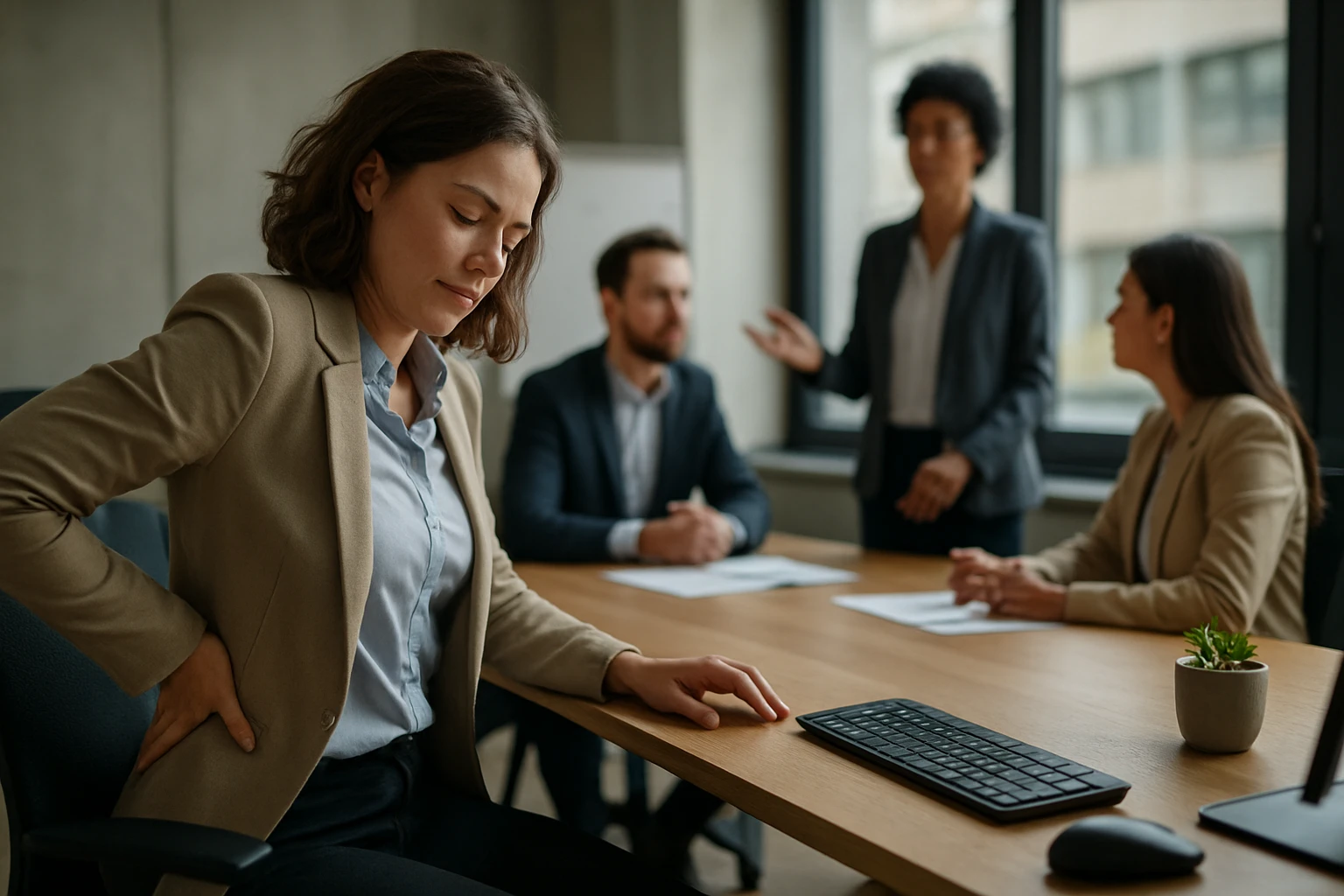 Eine Frau in einem Anzug sitzt an einem Tisch und spricht über einen Laptop mit einem Mann.