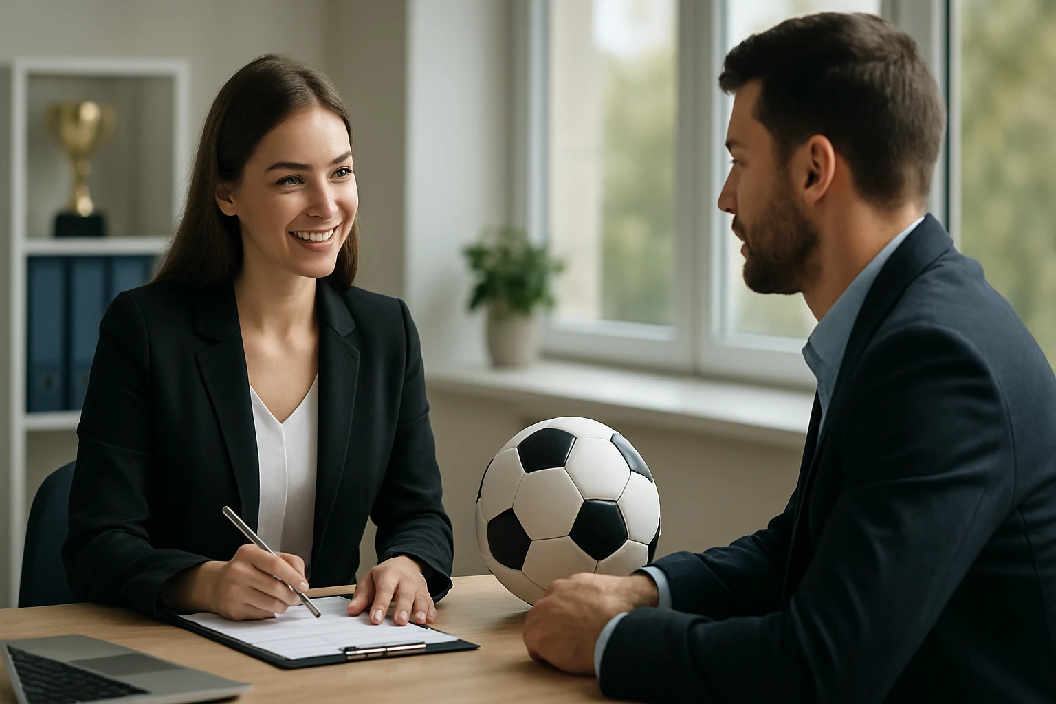 Eine Frau in einem Anzug sitzt an einem Tisch und führt ein Videogespräch mit einem Mann auf einem Laptop.