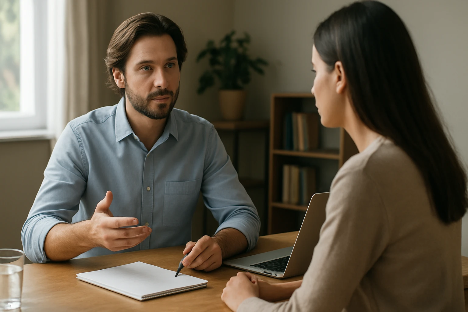 Eine Frau in einem Anzug sitzt an einem Tisch und spricht über einen Laptop mit einem Mann.