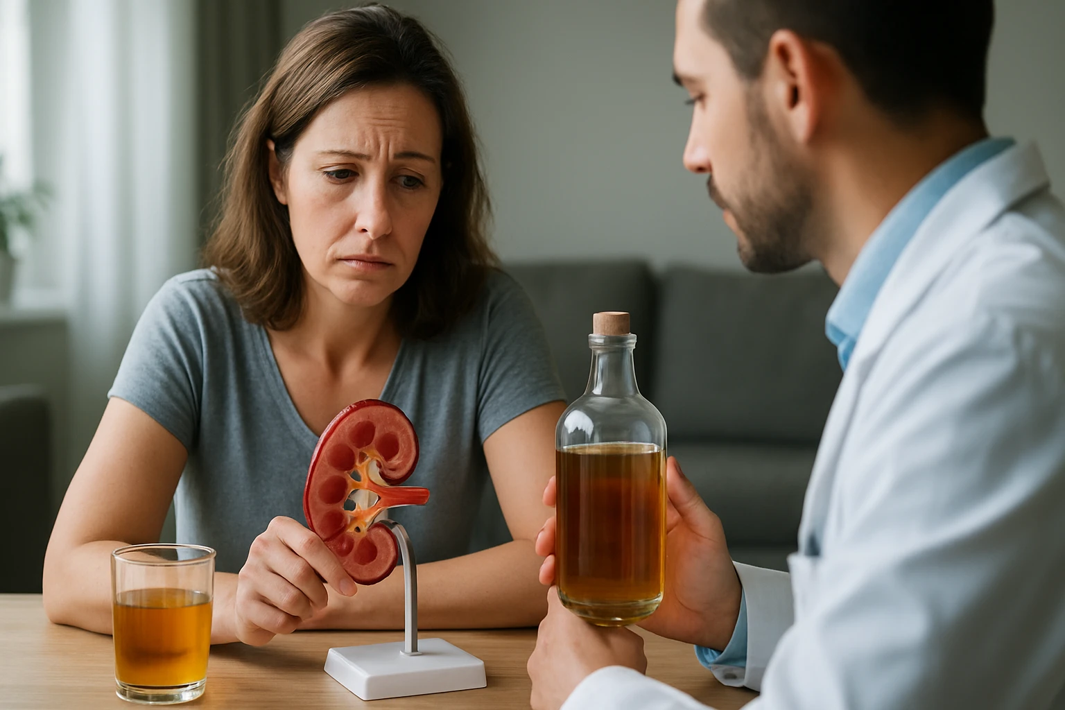 Eine besorgte Frau betrachtet ein Nierenmodell, während ein Arzt ihr ein Getränk zeigt.