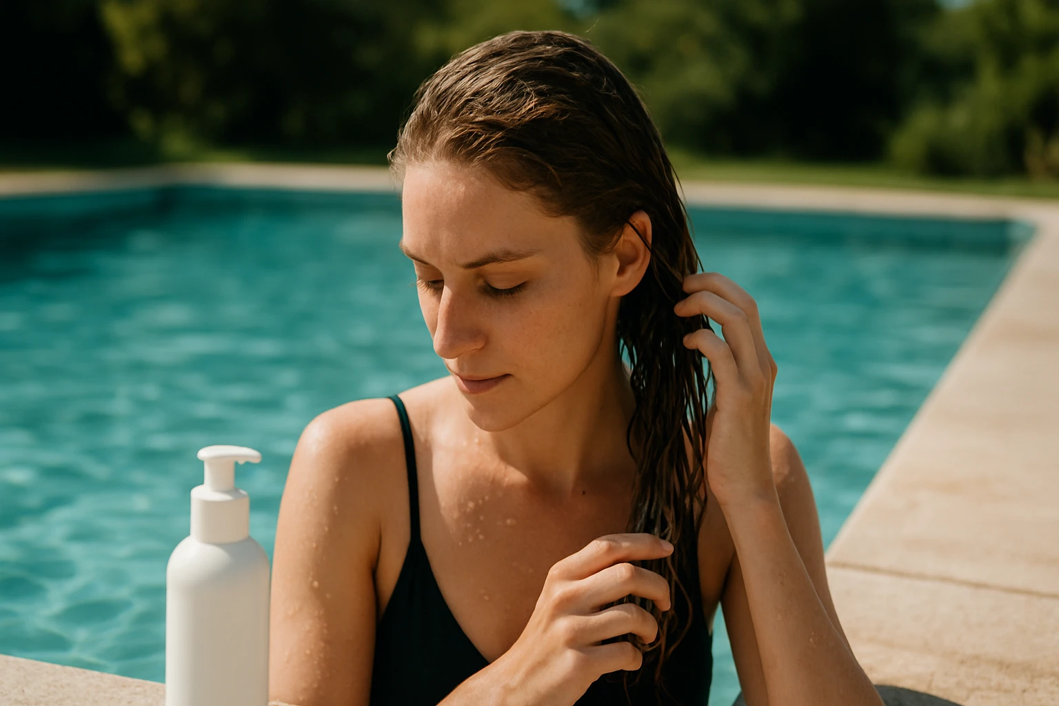 Ein Wissenschaftler in einem Labor hält ein Glas mit blauer Flüssigkeit und DNA-Muster.