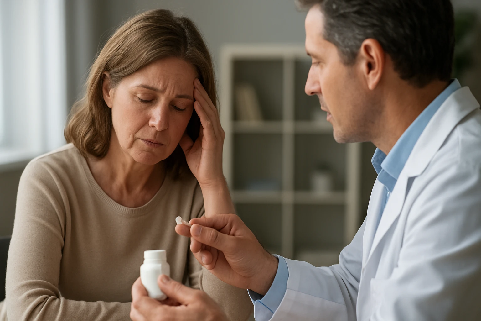 Eine besorgte Frau sitzt am Tisch und spricht mit einem Arzt, der ihr eine Tablette zeigt.